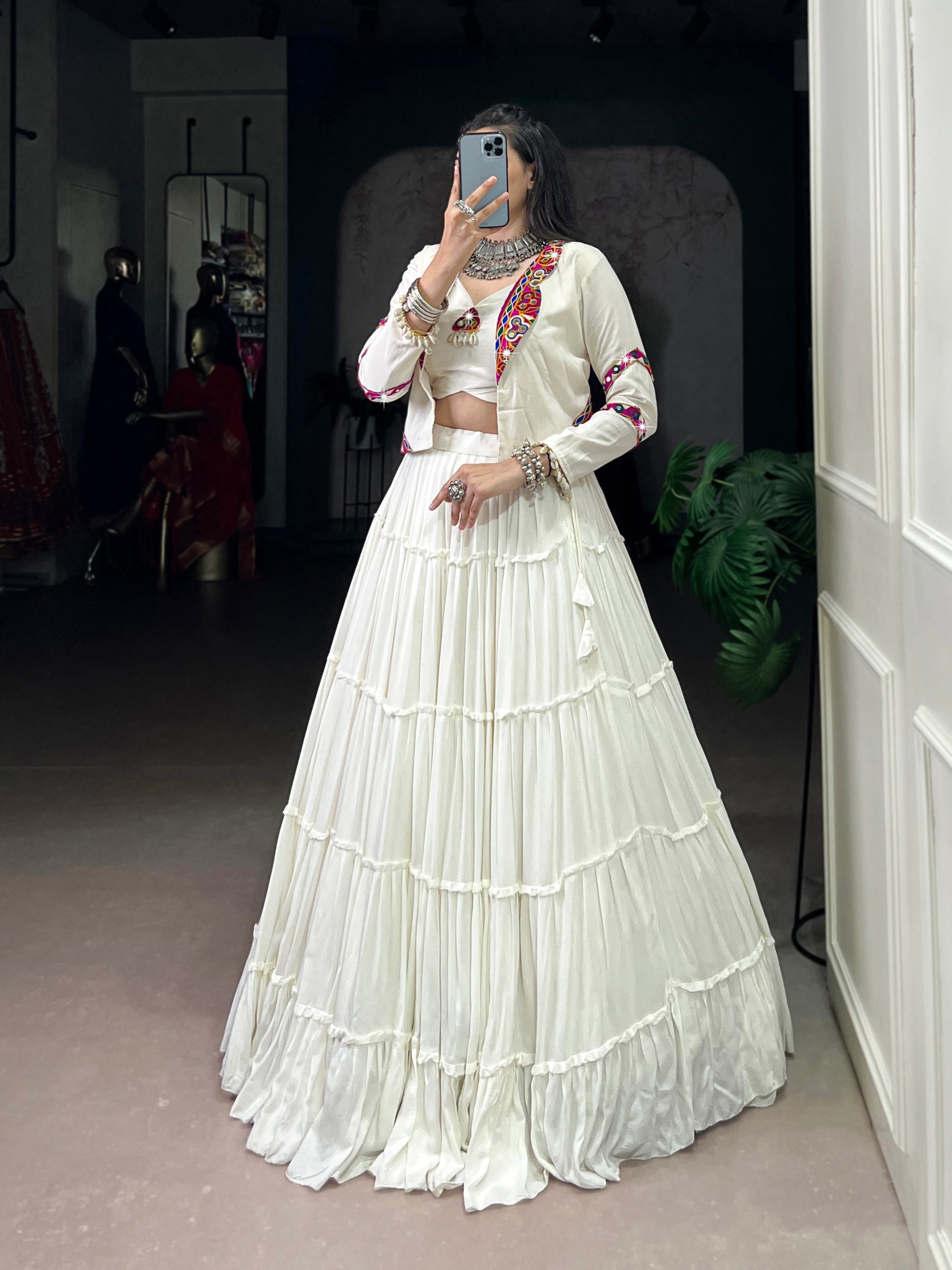 WHITE GAMTHI WORK NAVRATRI LEHENGA WITH JACKET AND BLOUSE