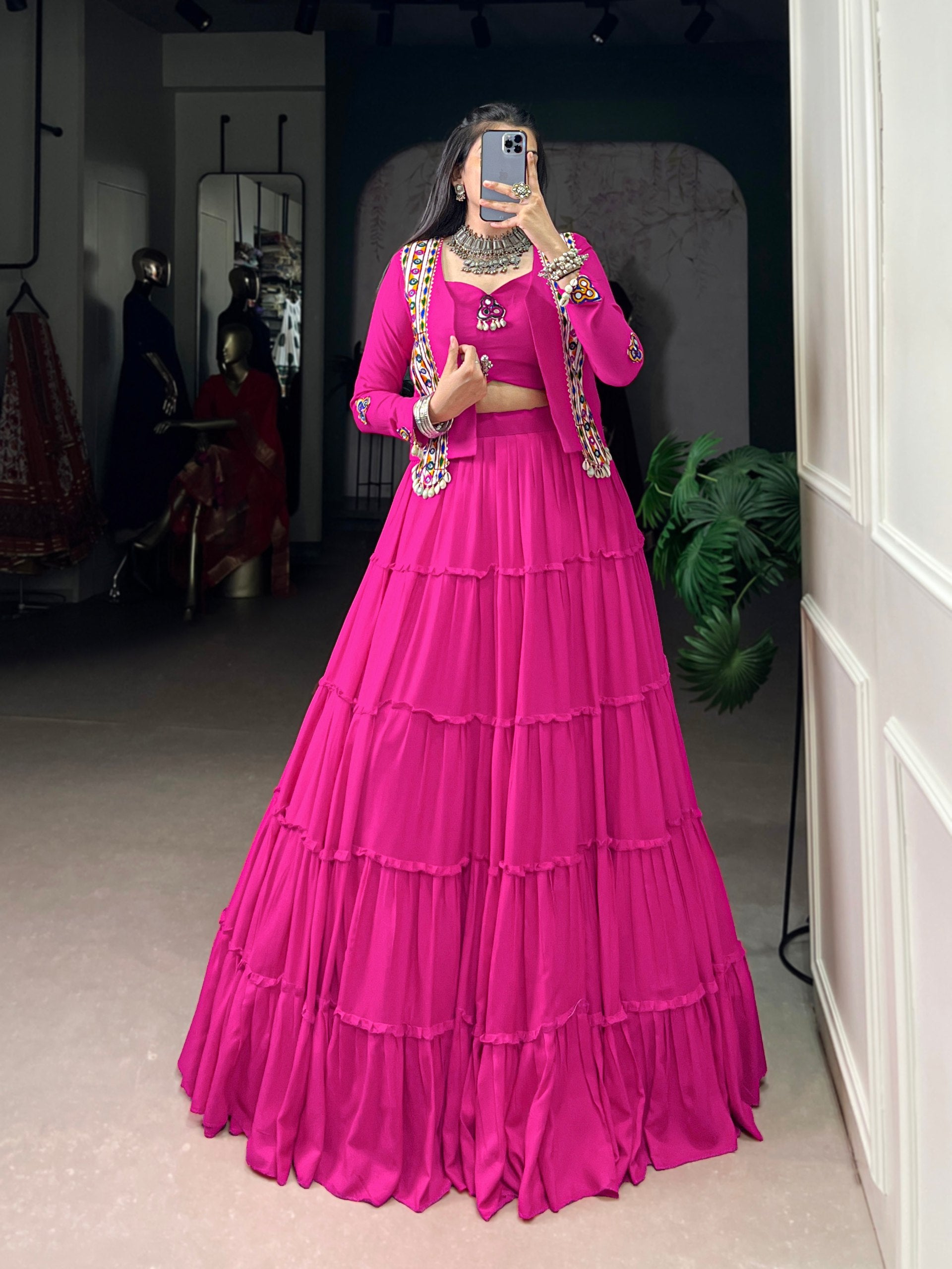 PINK GAMTHI WORK NAVRATRI LEHENGA WITH JACKET AND BLOUSE