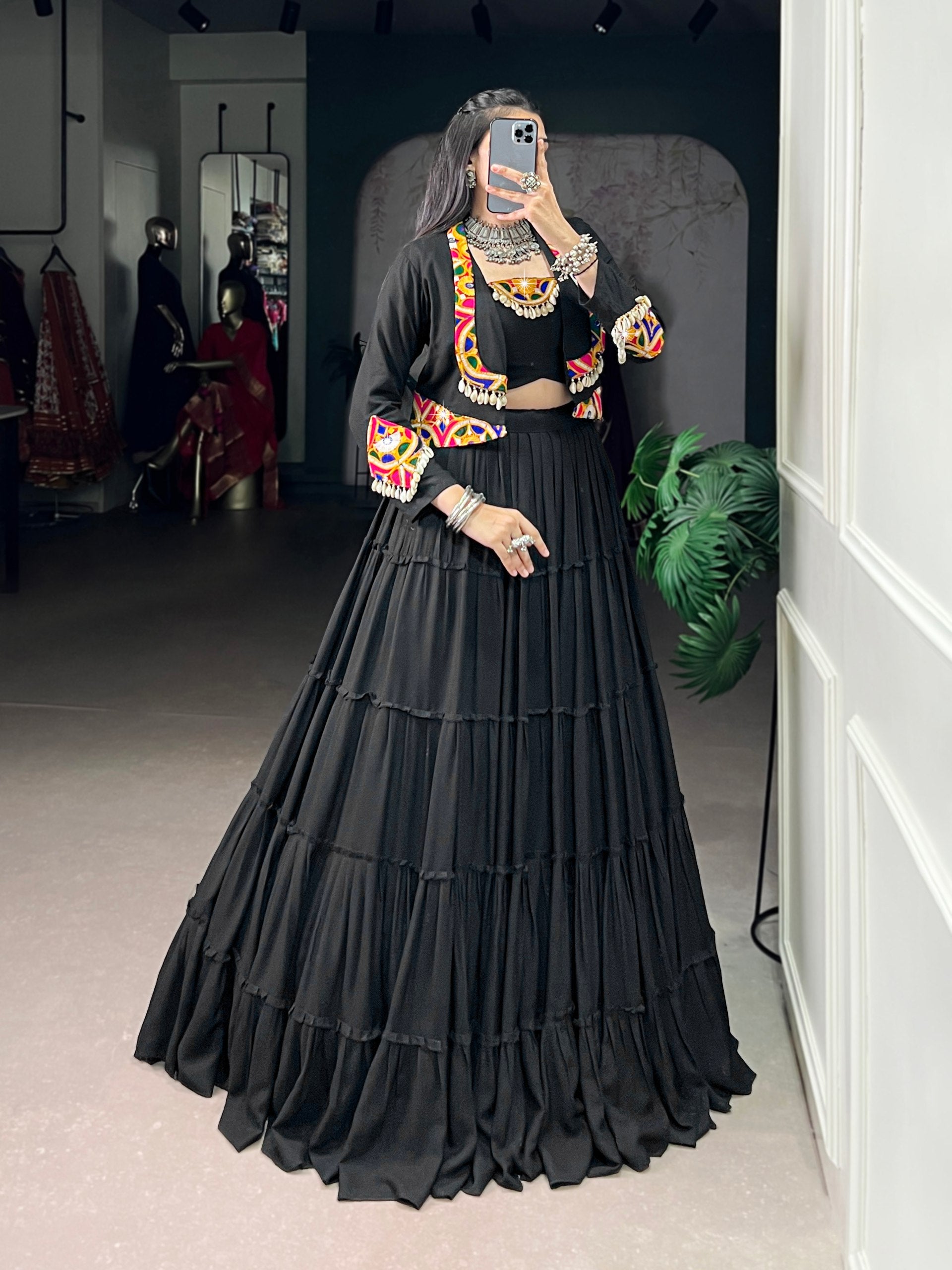 BLACK GAMTHI WORK NAVRATRI LEHENGA WITH JACKET AND BLOUSE