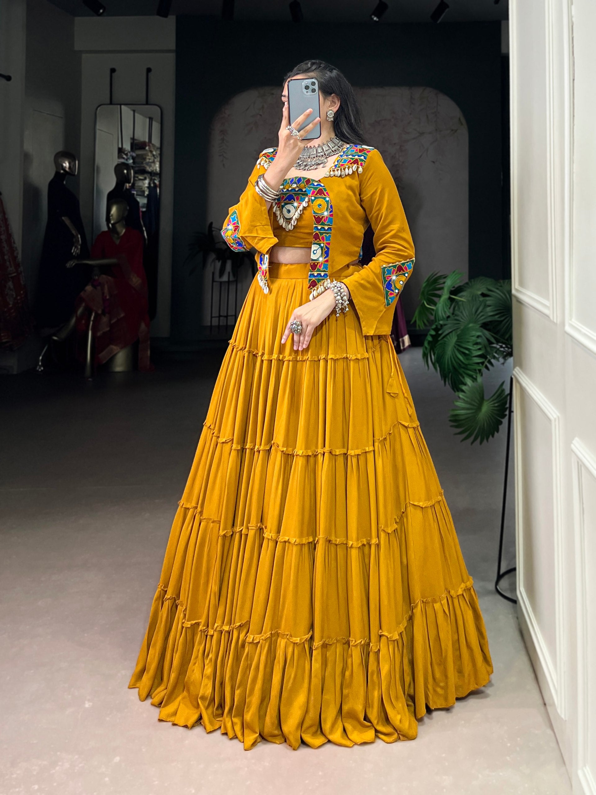 DEEP MUSTARD GAMTHI WORK NAVRATRI LEHENGA WITH JACKET AND BLOUSE