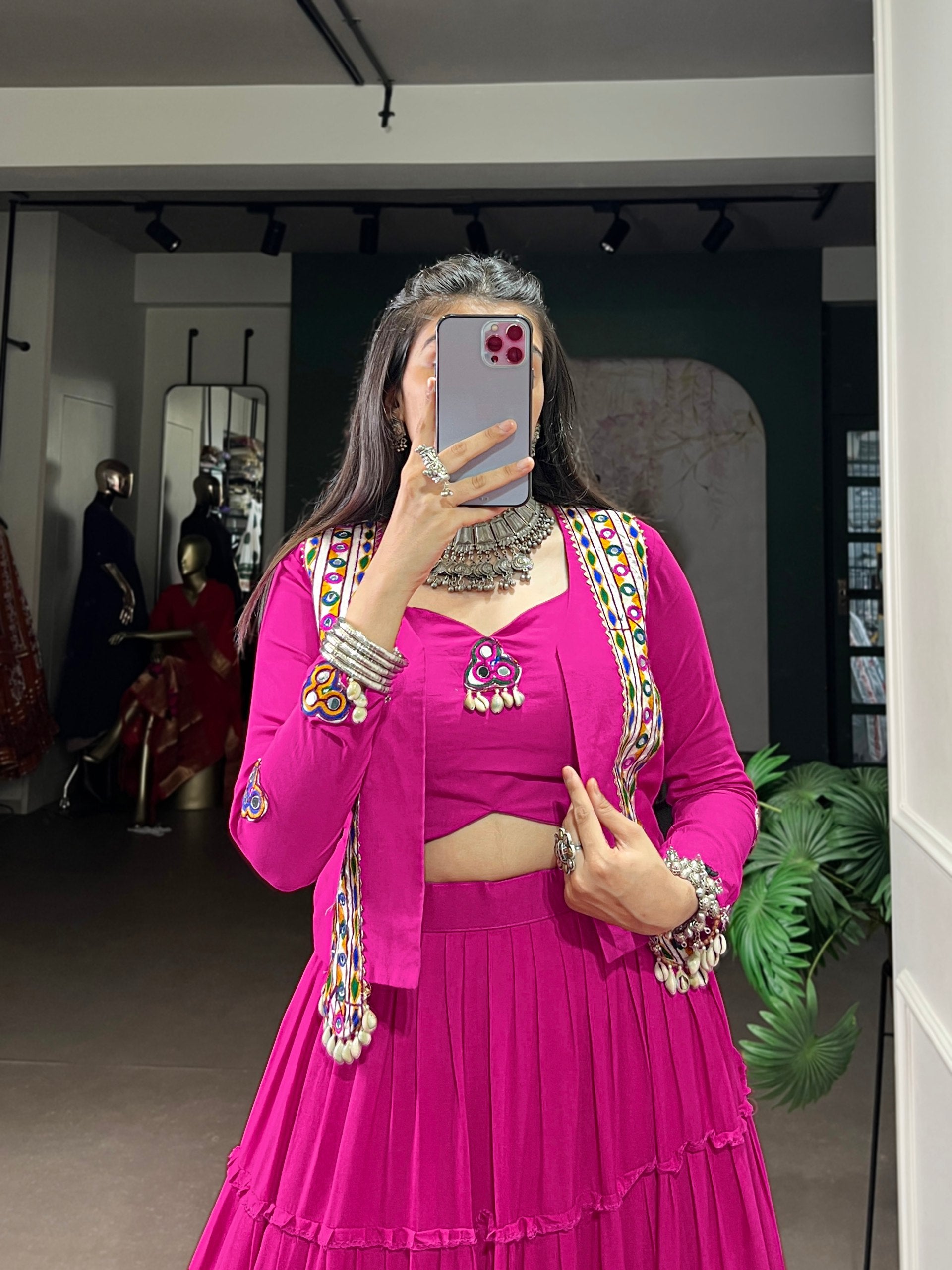 PINK GAMTHI WORK NAVRATRI LEHENGA WITH JACKET AND BLOUSE