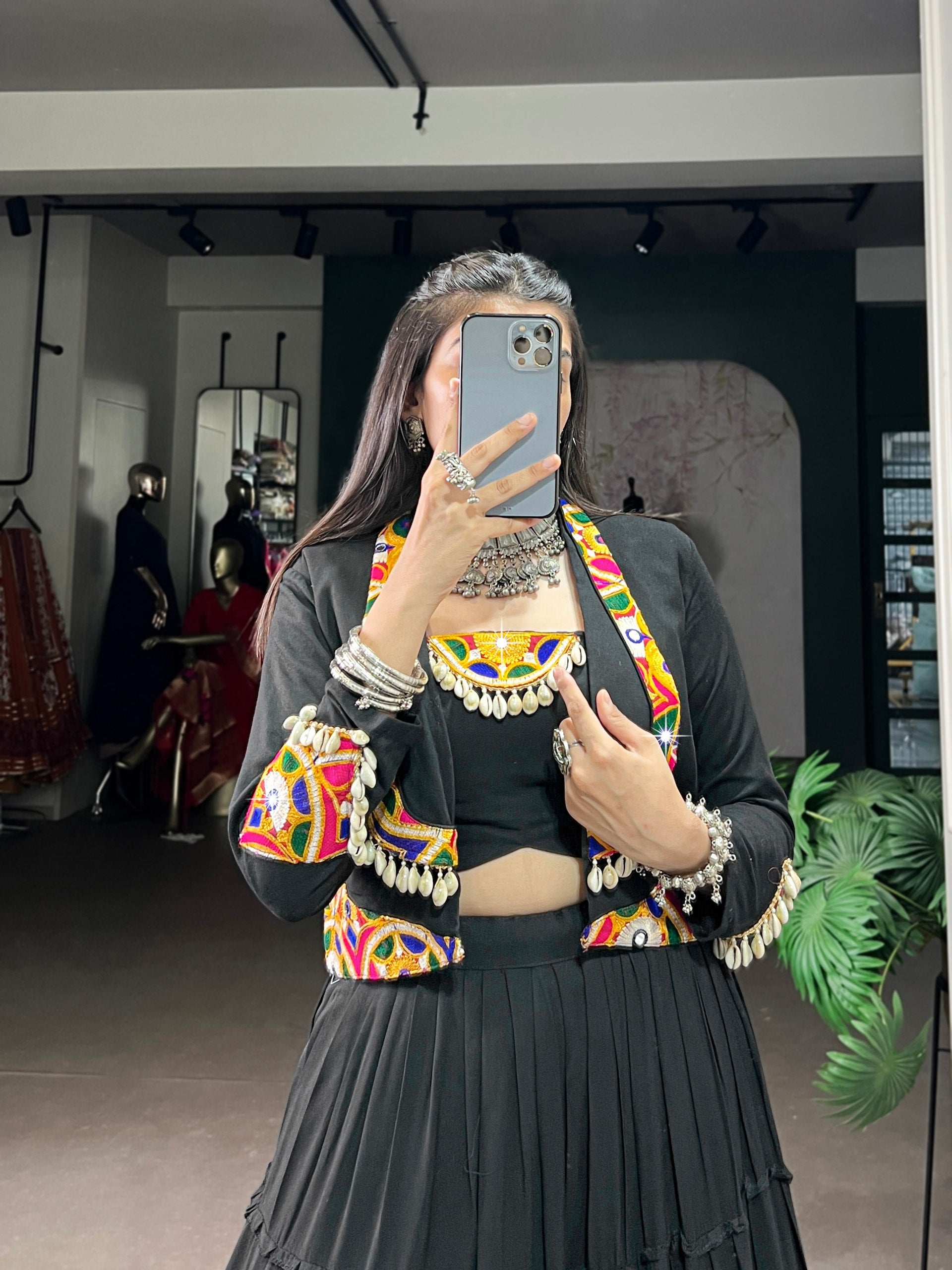 BLACK GAMTHI WORK NAVRATRI LEHENGA WITH JACKET AND BLOUSE