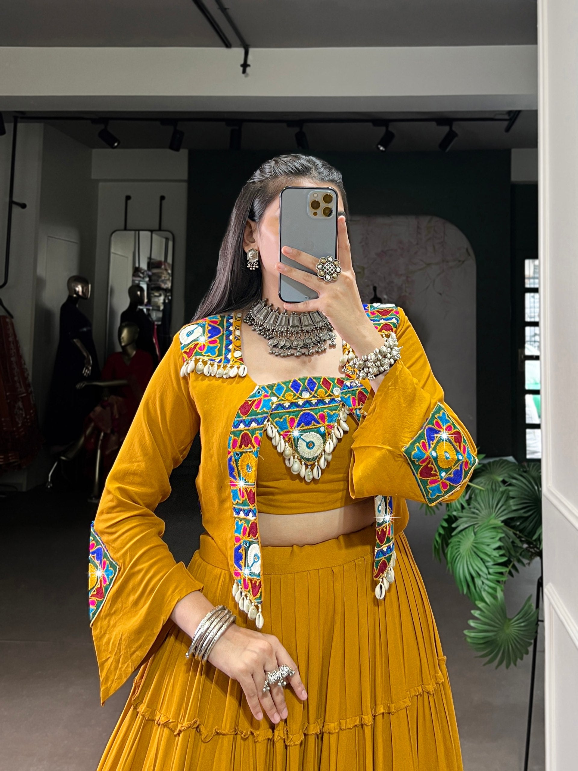 DEEP MUSTARD GAMTHI WORK NAVRATRI LEHENGA WITH JACKET AND BLOUSE