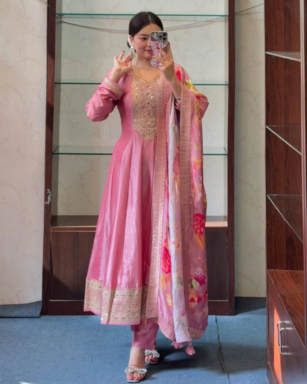 PINK ANARKALI FLARED KURTA SET