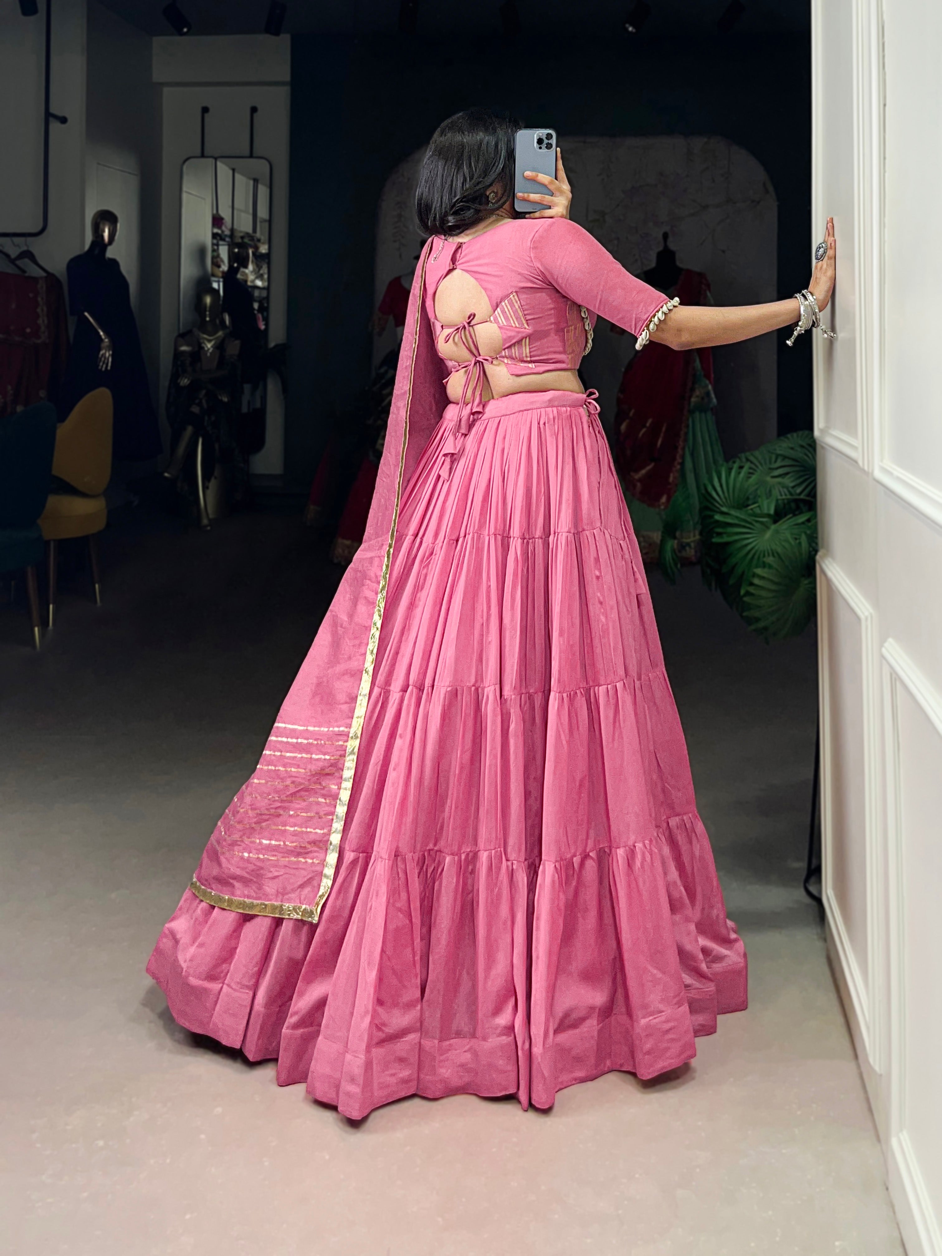 PINK CHANDERI LEHENGA CHOLI WITH DUPATTA