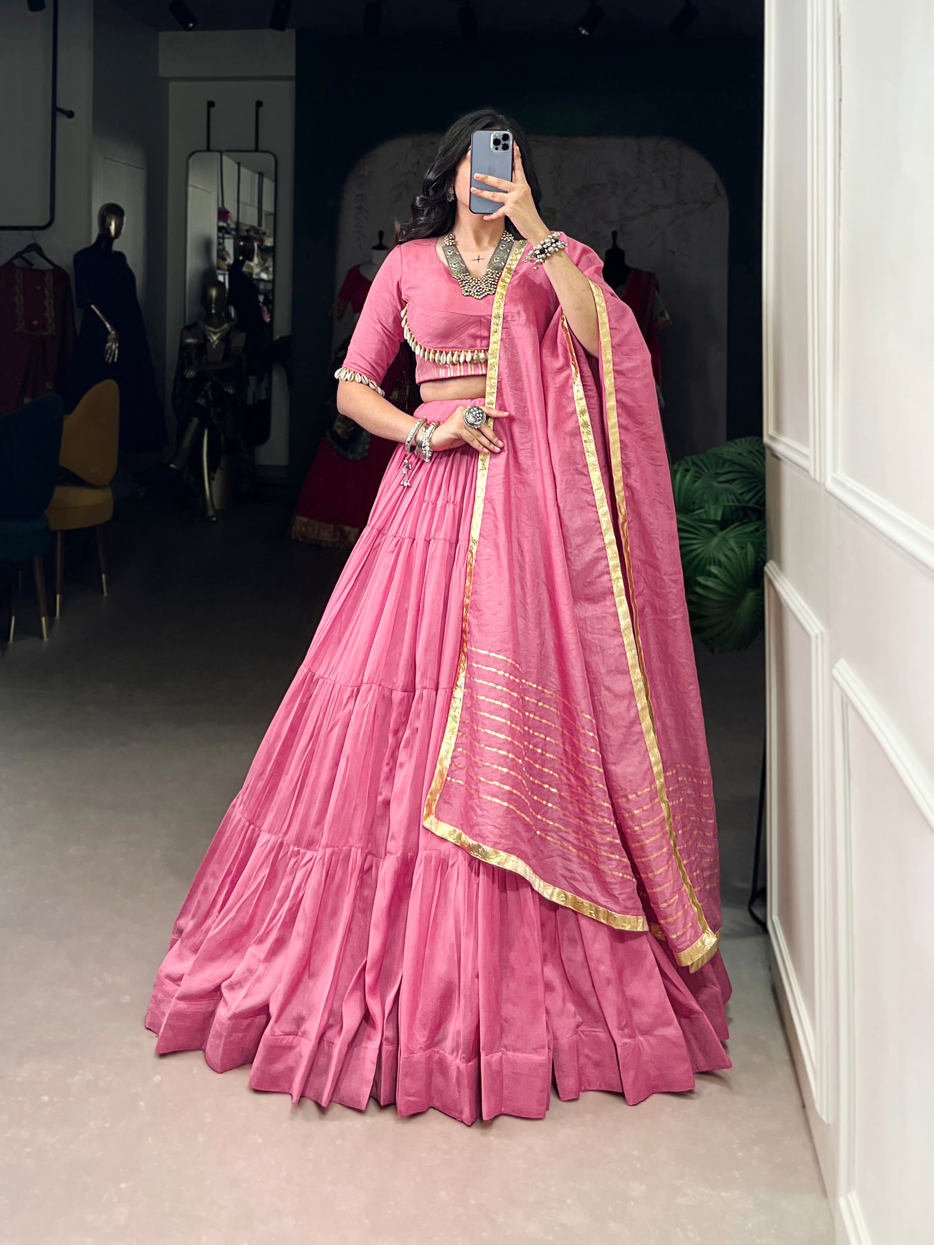 PINK CHANDERI LEHENGA CHOLI WITH DUPATTA