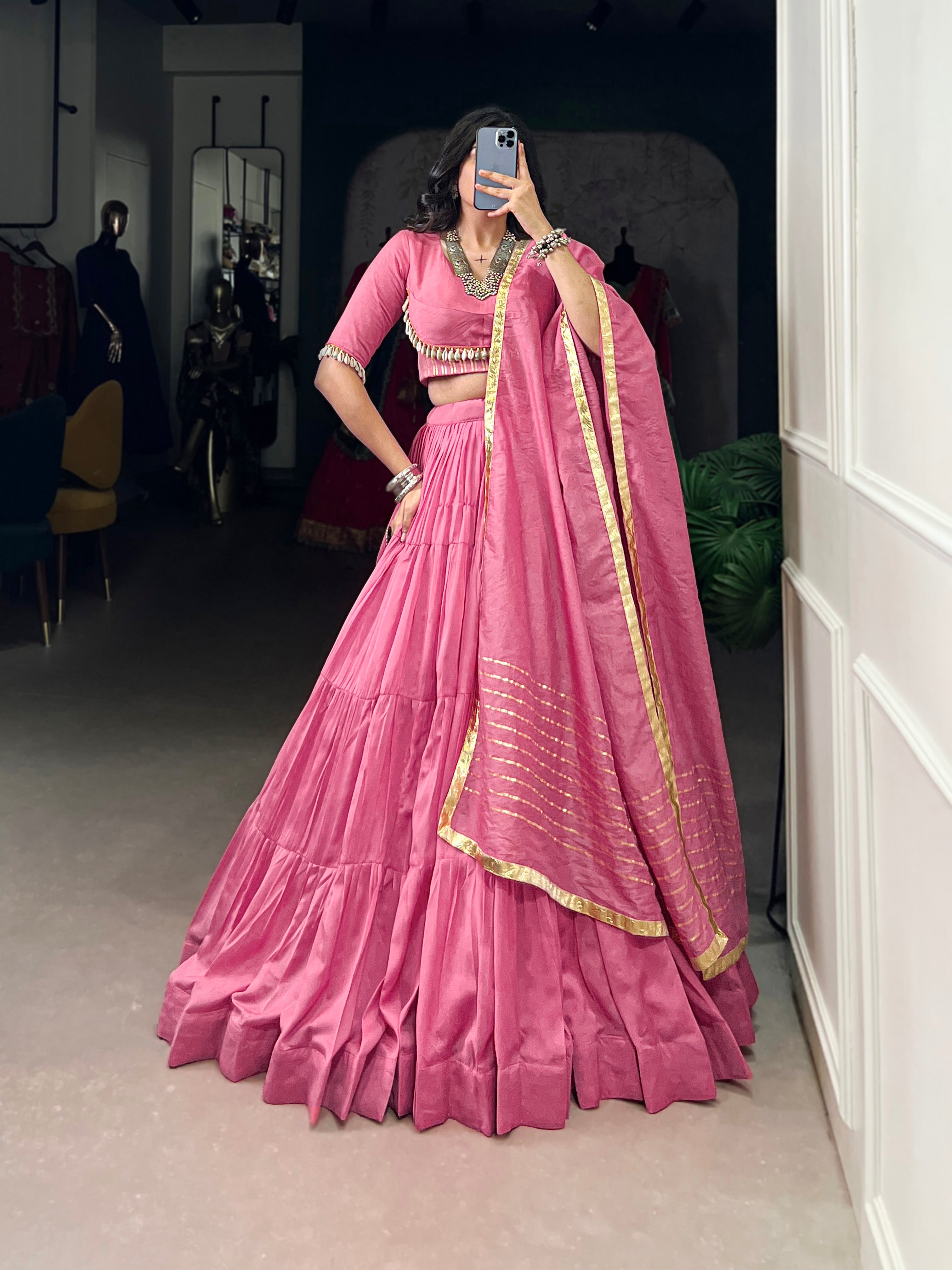 PINK CHANDERI LEHENGA CHOLI WITH DUPATTA