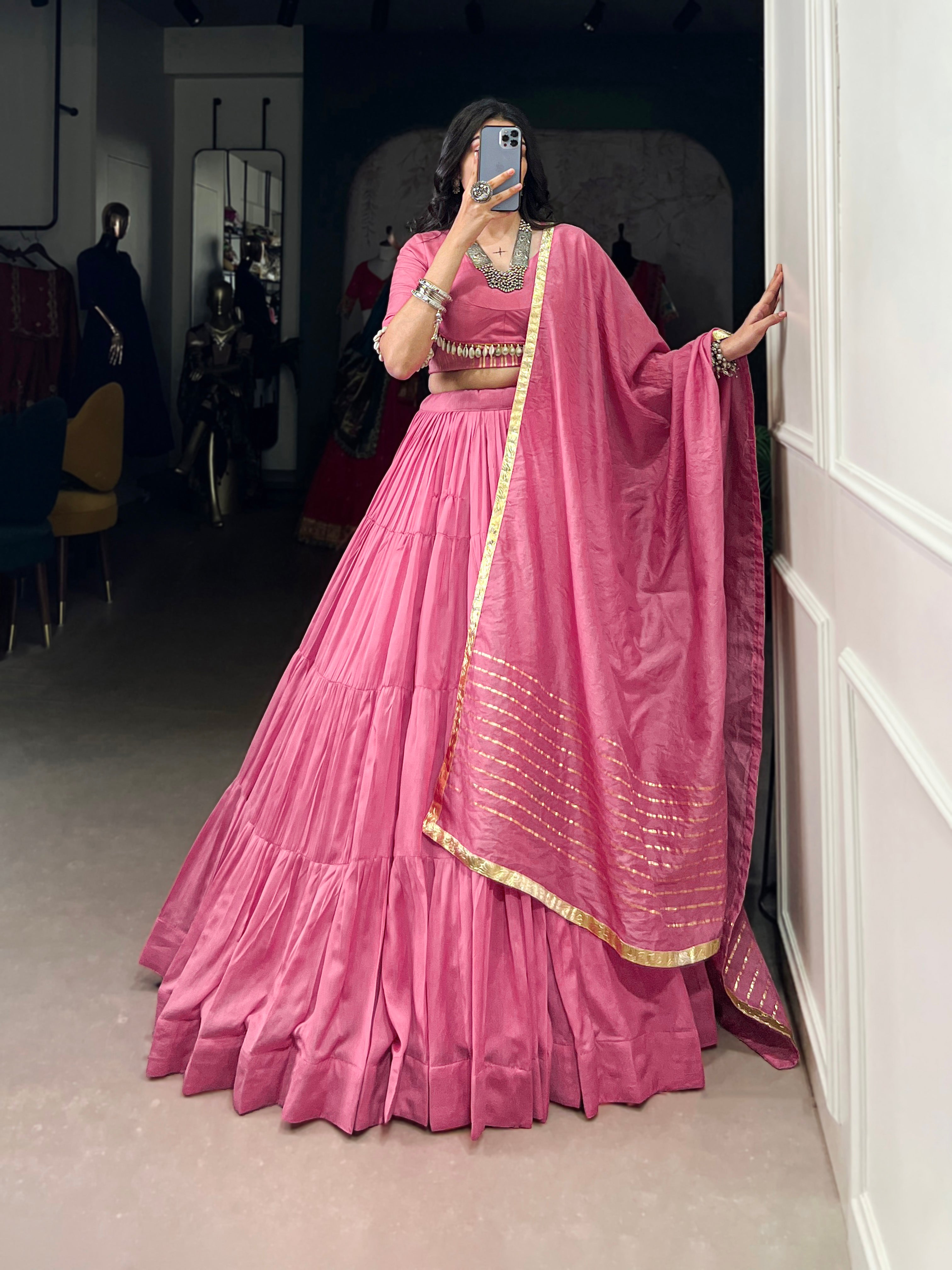 PINK CHANDERI LEHENGA CHOLI WITH DUPATTA