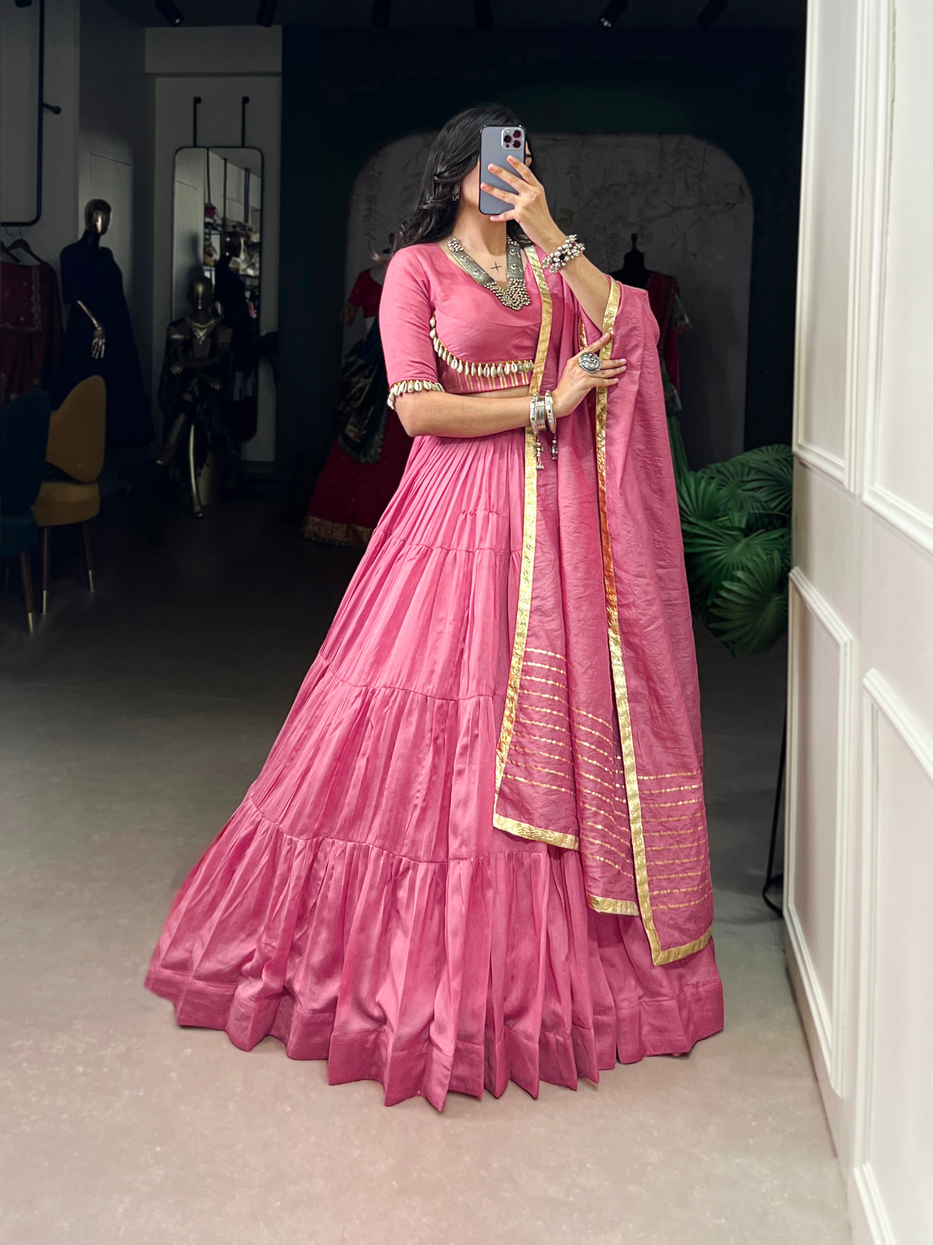 PINK CHANDERI LEHENGA CHOLI WITH DUPATTA
