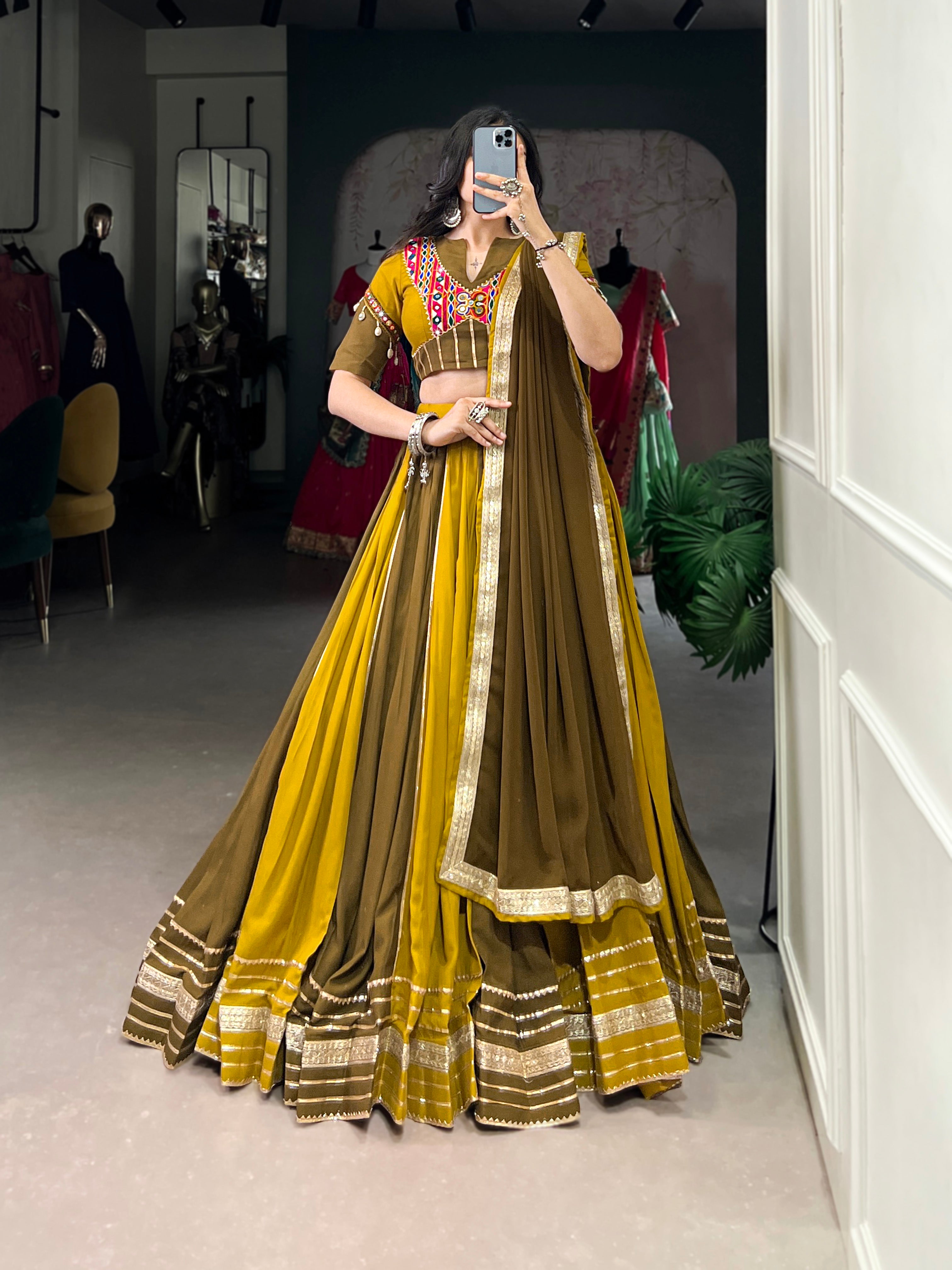PURE RAYON MUSTARD YELLOW & MEHENDI GREEN NAVRATRI LEHENGA