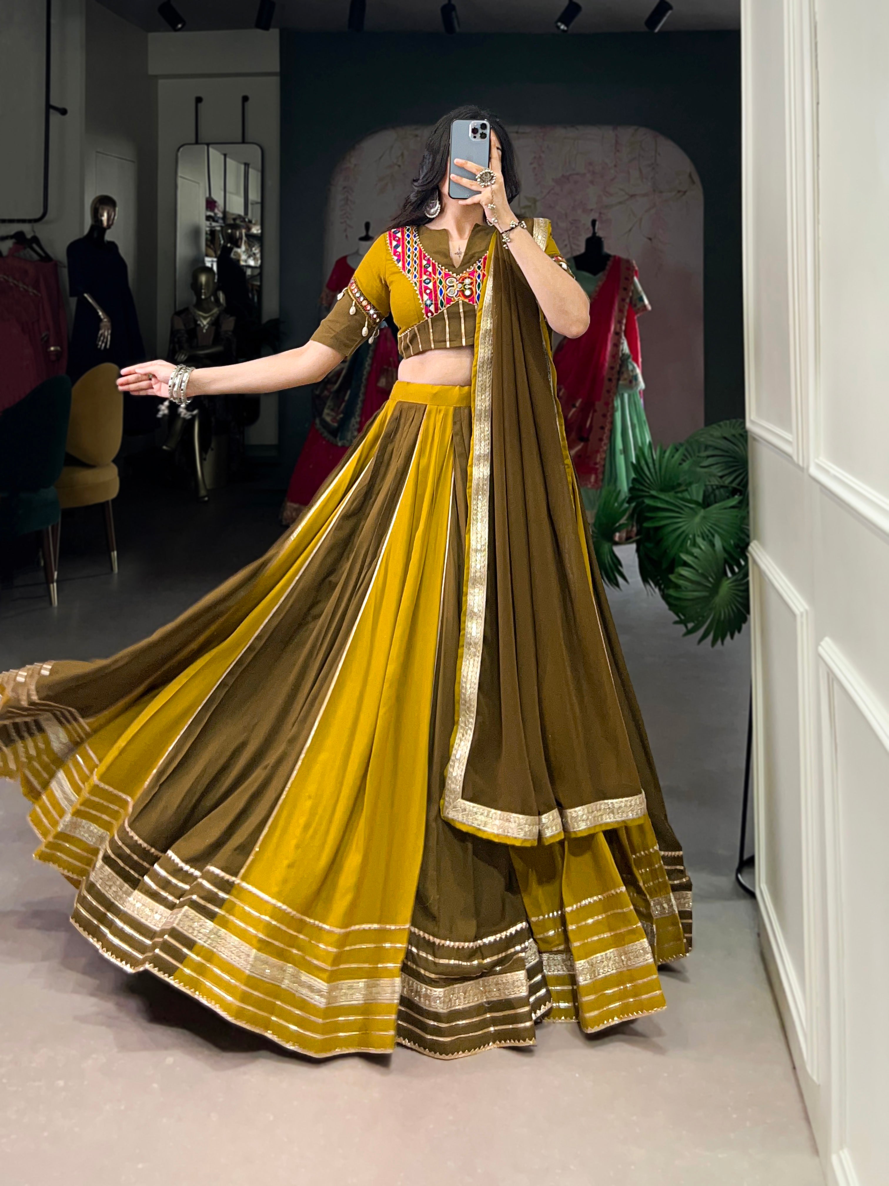 PURE RAYON MUSTARD YELLOW & MEHENDI GREEN NAVRATRI LEHENGA