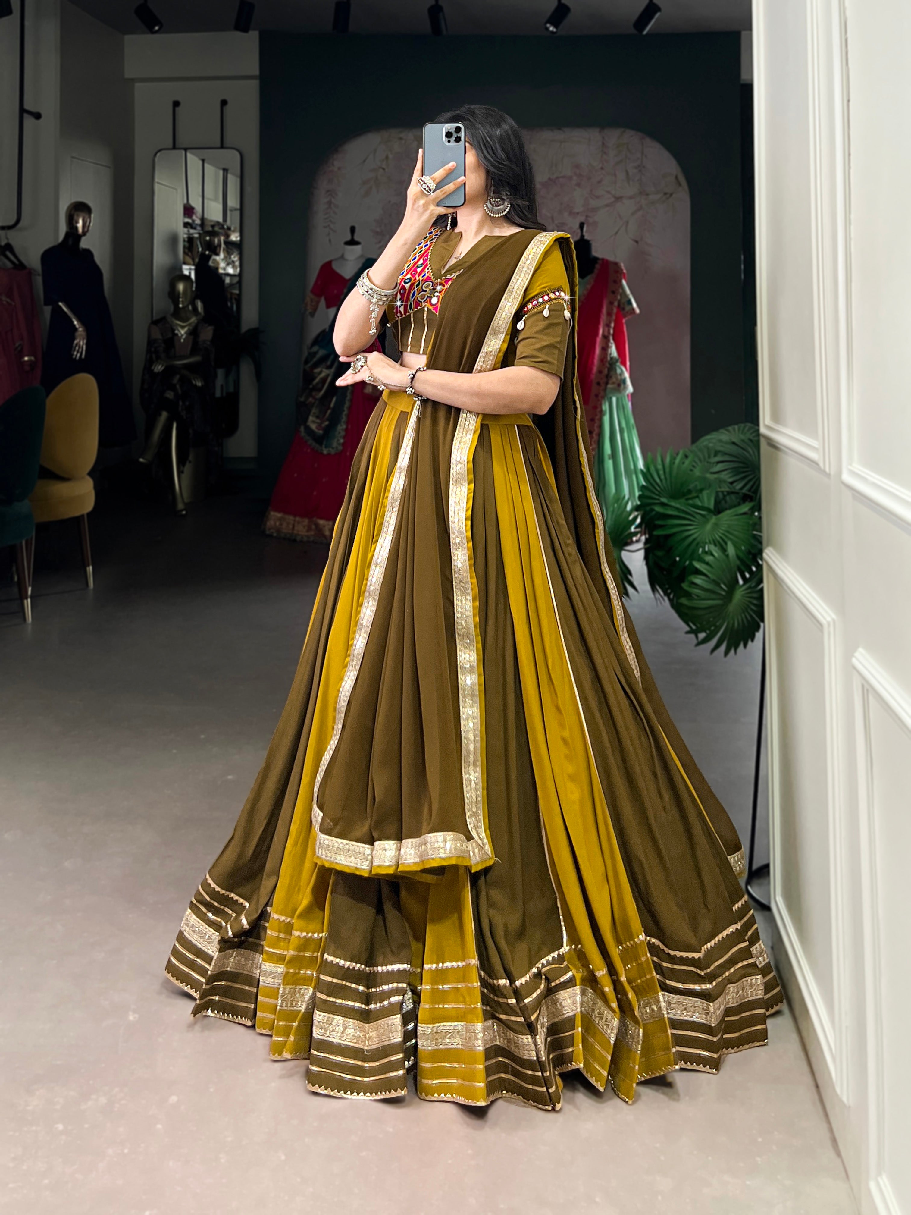 PURE RAYON MUSTARD YELLOW & MEHENDI GREEN NAVRATRI LEHENGA