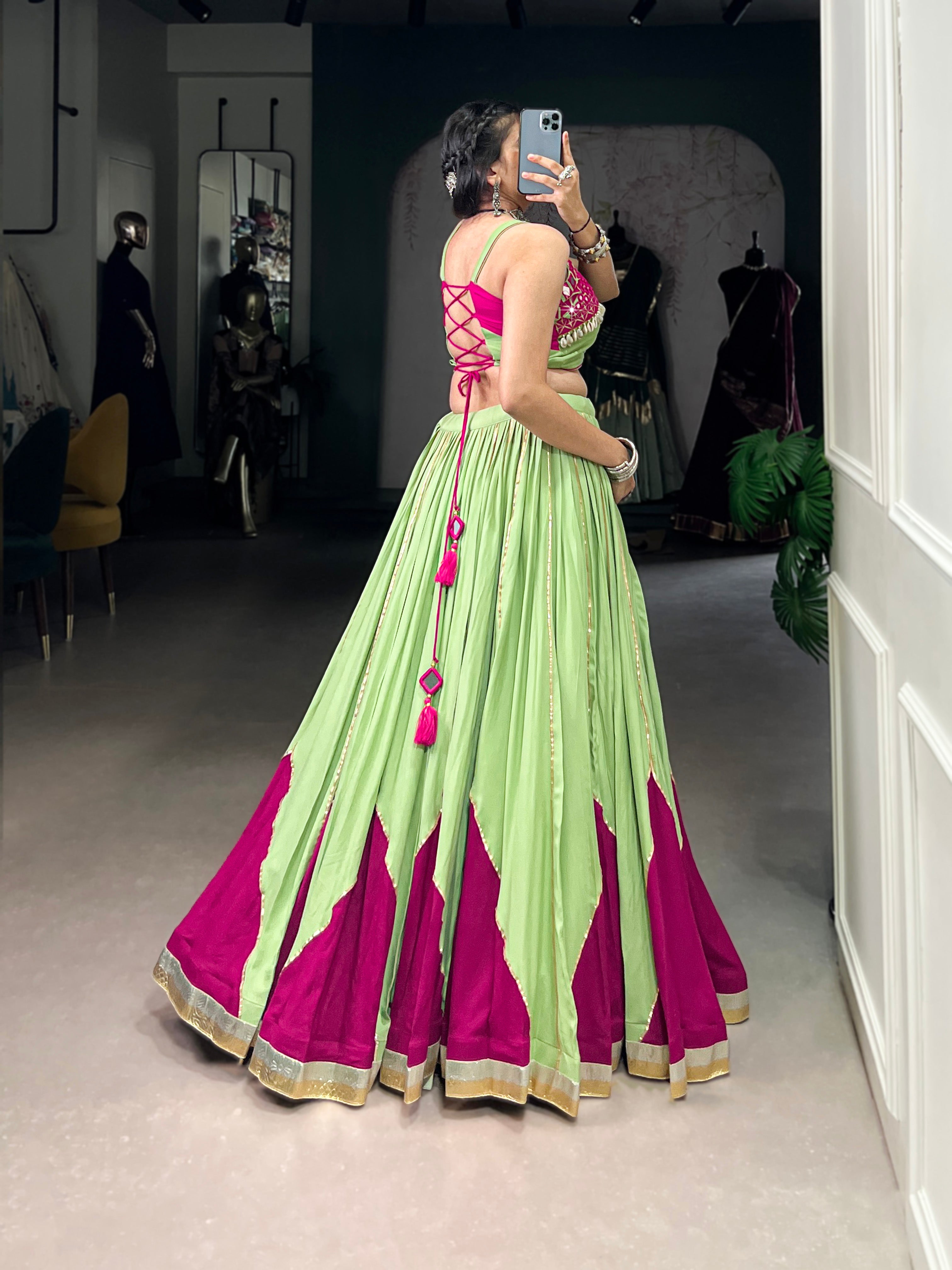 PARROT GREEN & MAGENTA PINK DESIGNER NAVRATRI LEHENGA