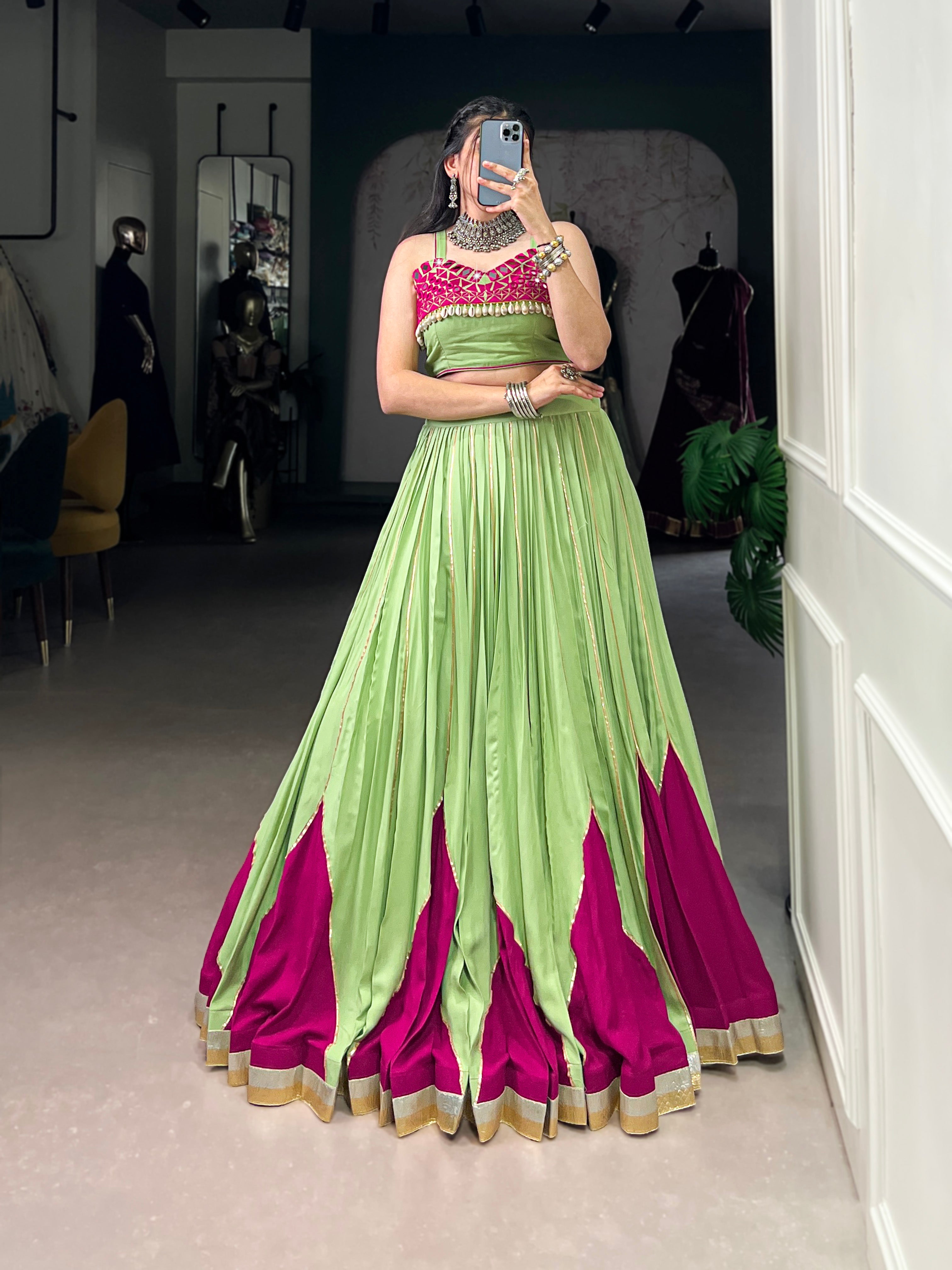 PARROT GREEN & MAGENTA PINK DESIGNER NAVRATRI LEHENGA