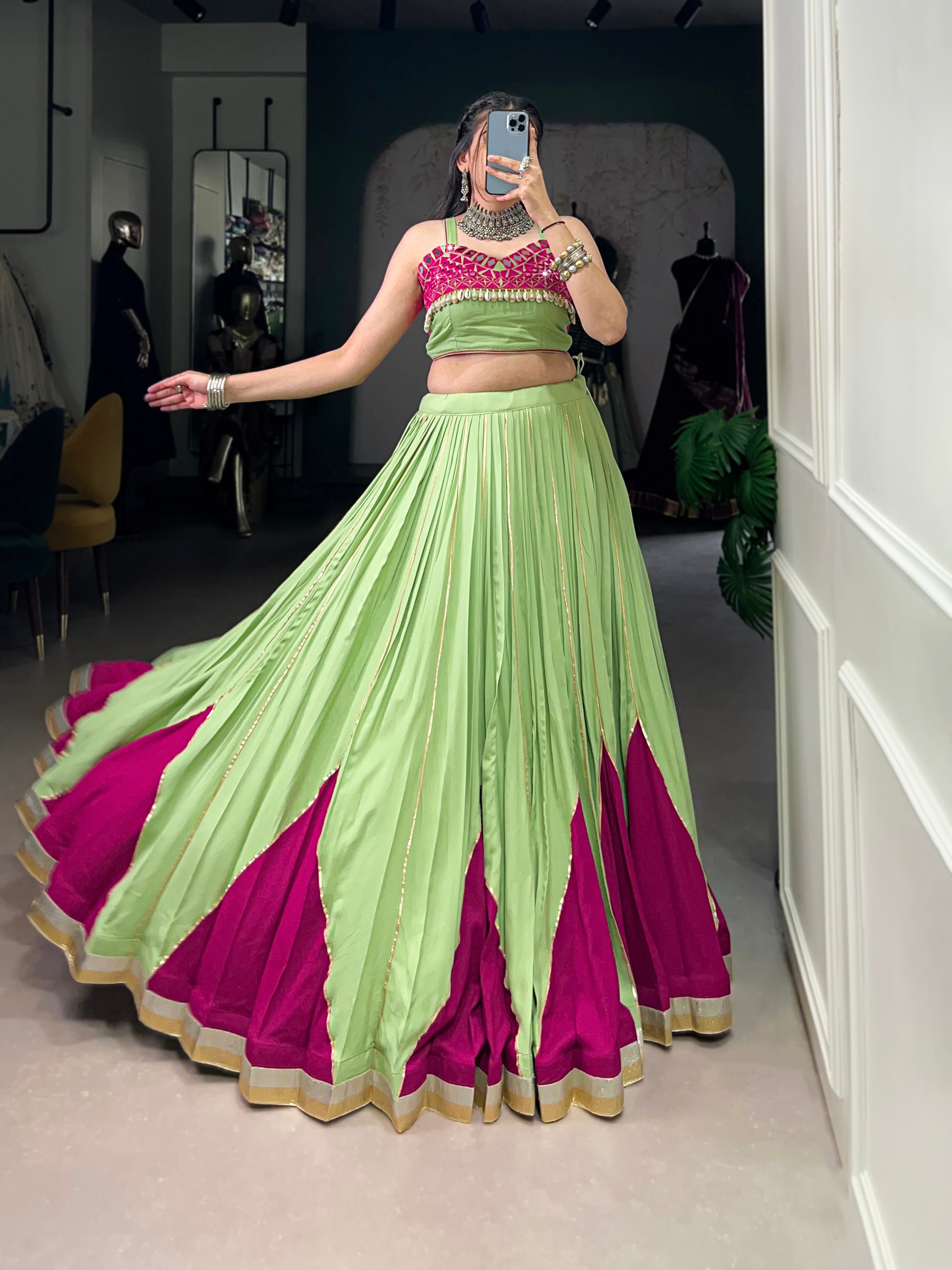 PARROT GREEN & MAGENTA PINK DESIGNER NAVRATRI LEHENGA