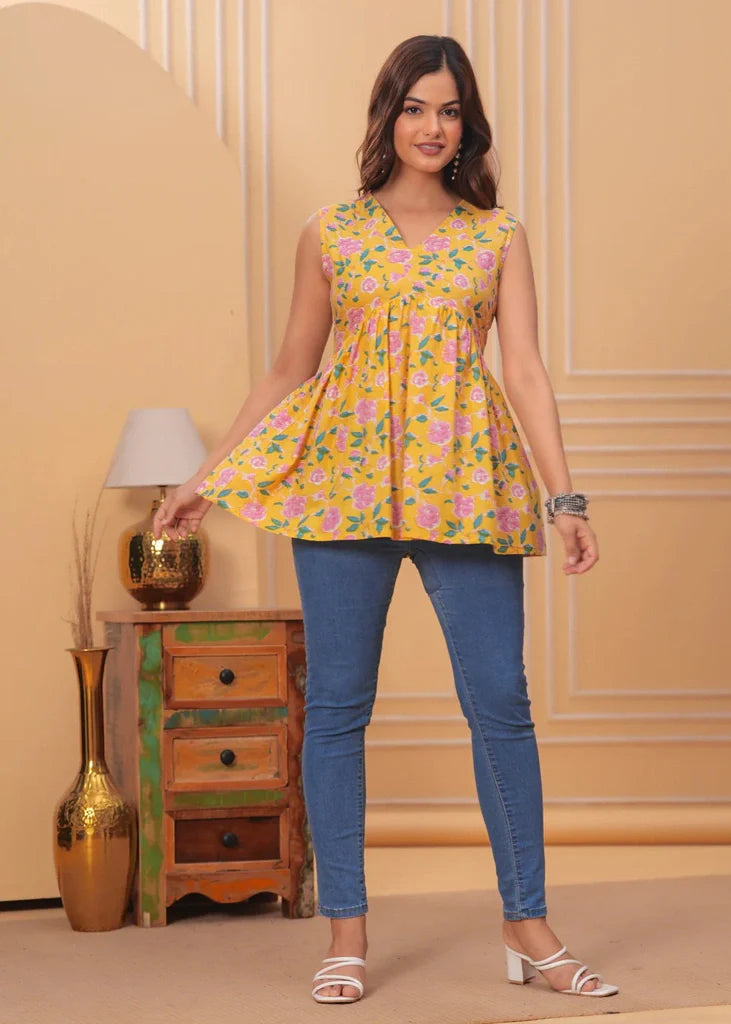 Yellow Casual Floral Flare Cotton Top