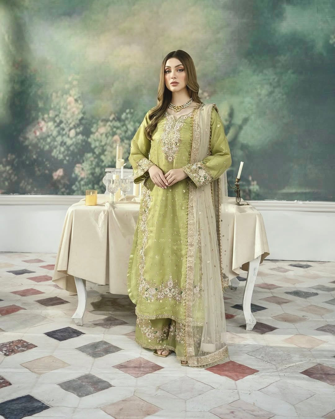 Pastel Green Designer Jimmy Choo Embroidered Palaza Set