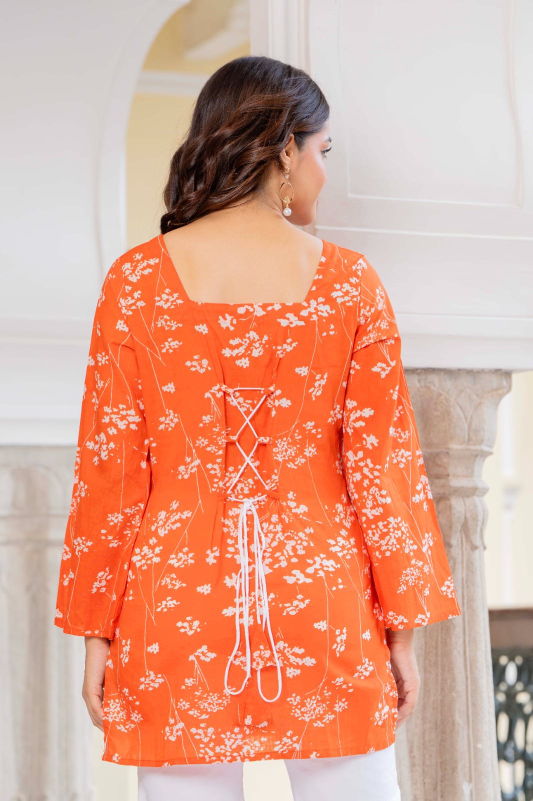 Tangerine Orange Printed Bell Sleeve Lace-up Back Top