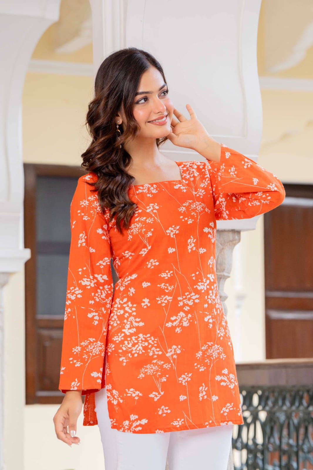 Tangerine Orange Printed Bell Sleeve Lace-up Back Top
