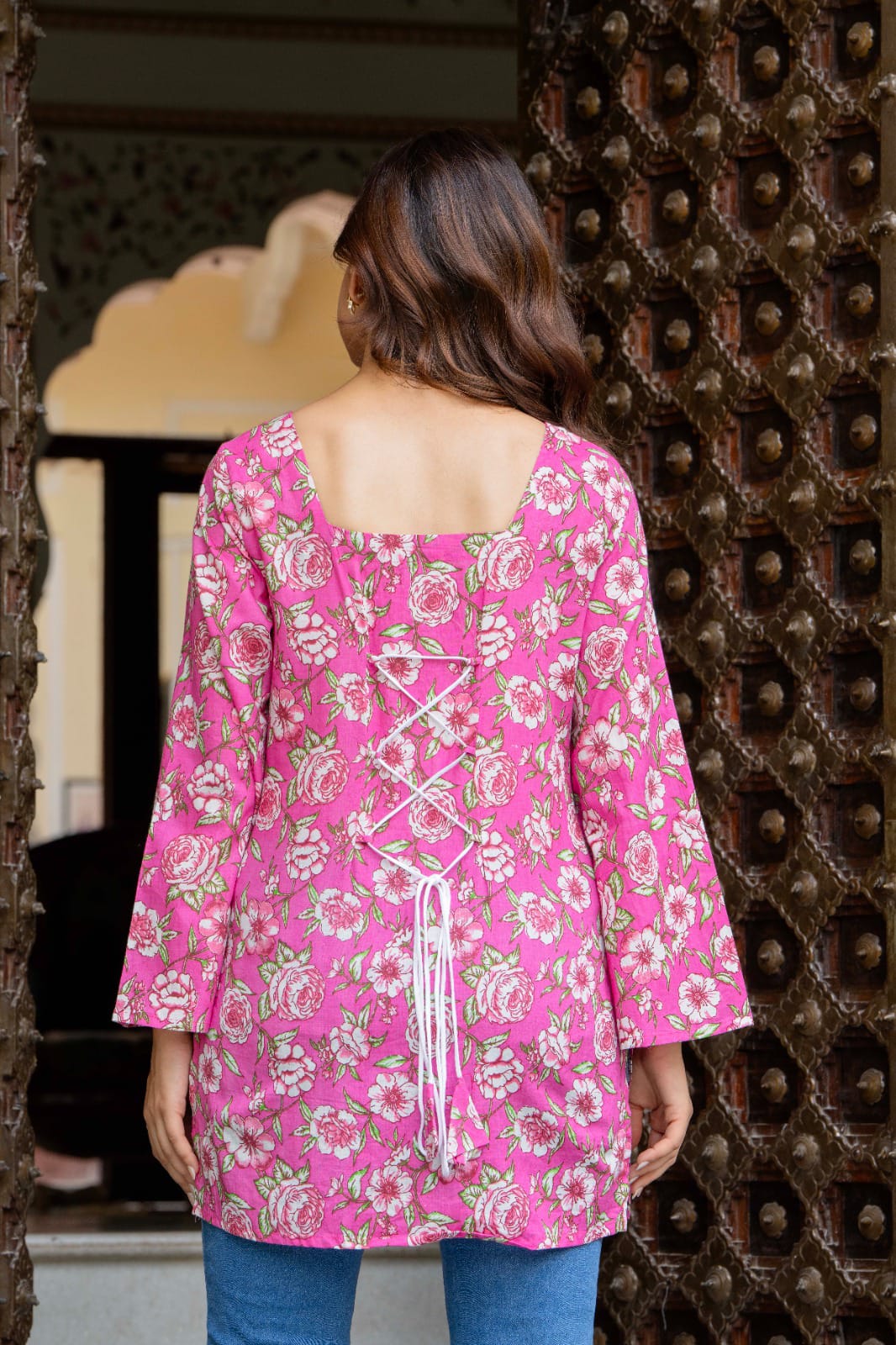 Bright Pink Printed Bell Sleeve Lace-up Back Top