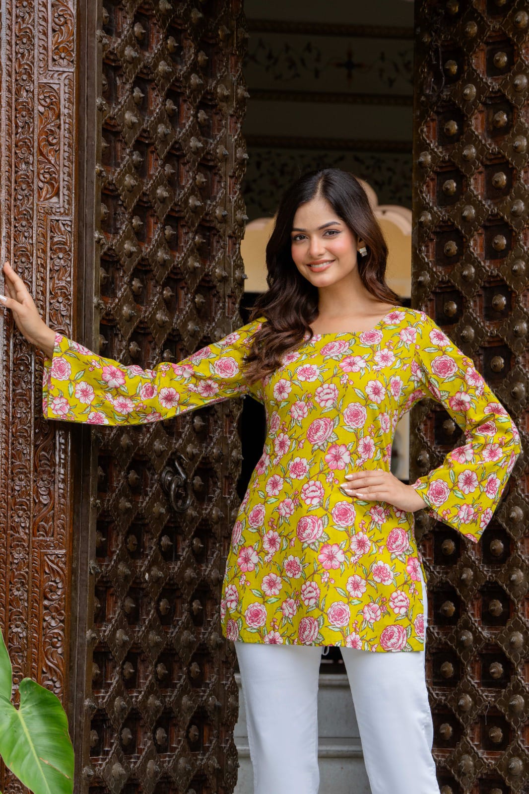 Sunflower Yellow Printed Bell Sleeve Lace-up Back Top