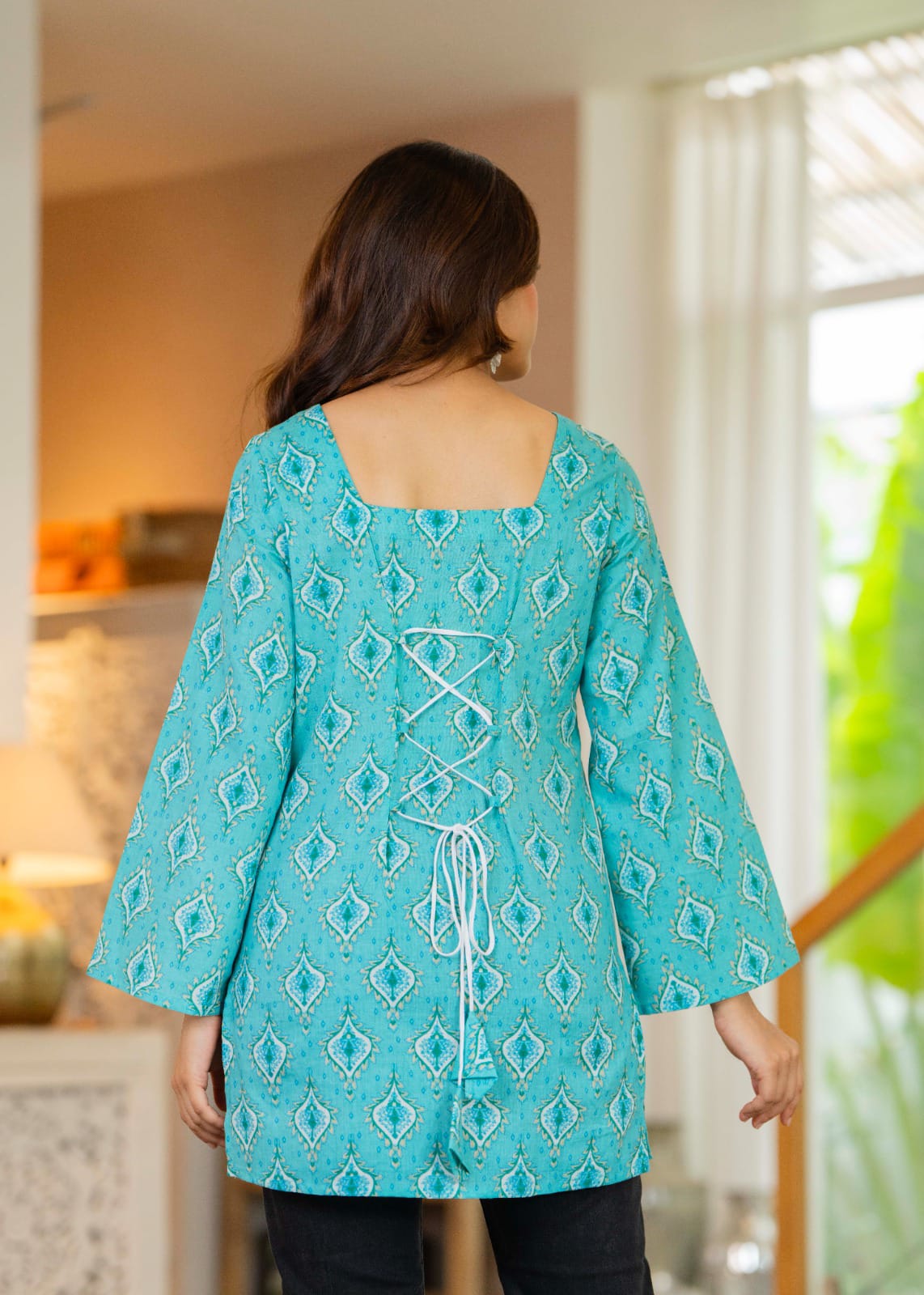 Turquoise Blue Printed Bell Sleeve Lace-up Back Top