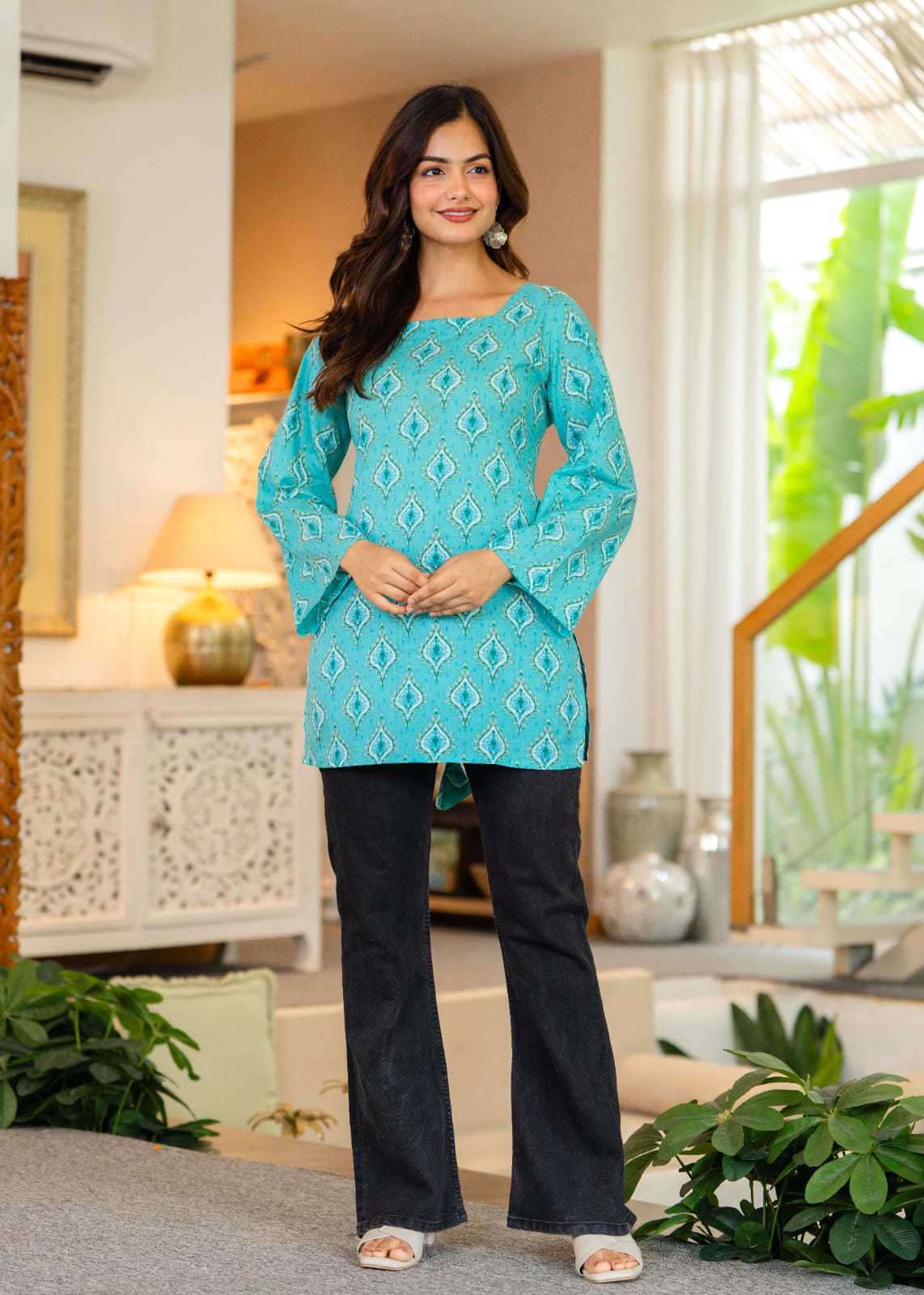 Turquoise Blue Printed Bell Sleeve Lace-up Back Top