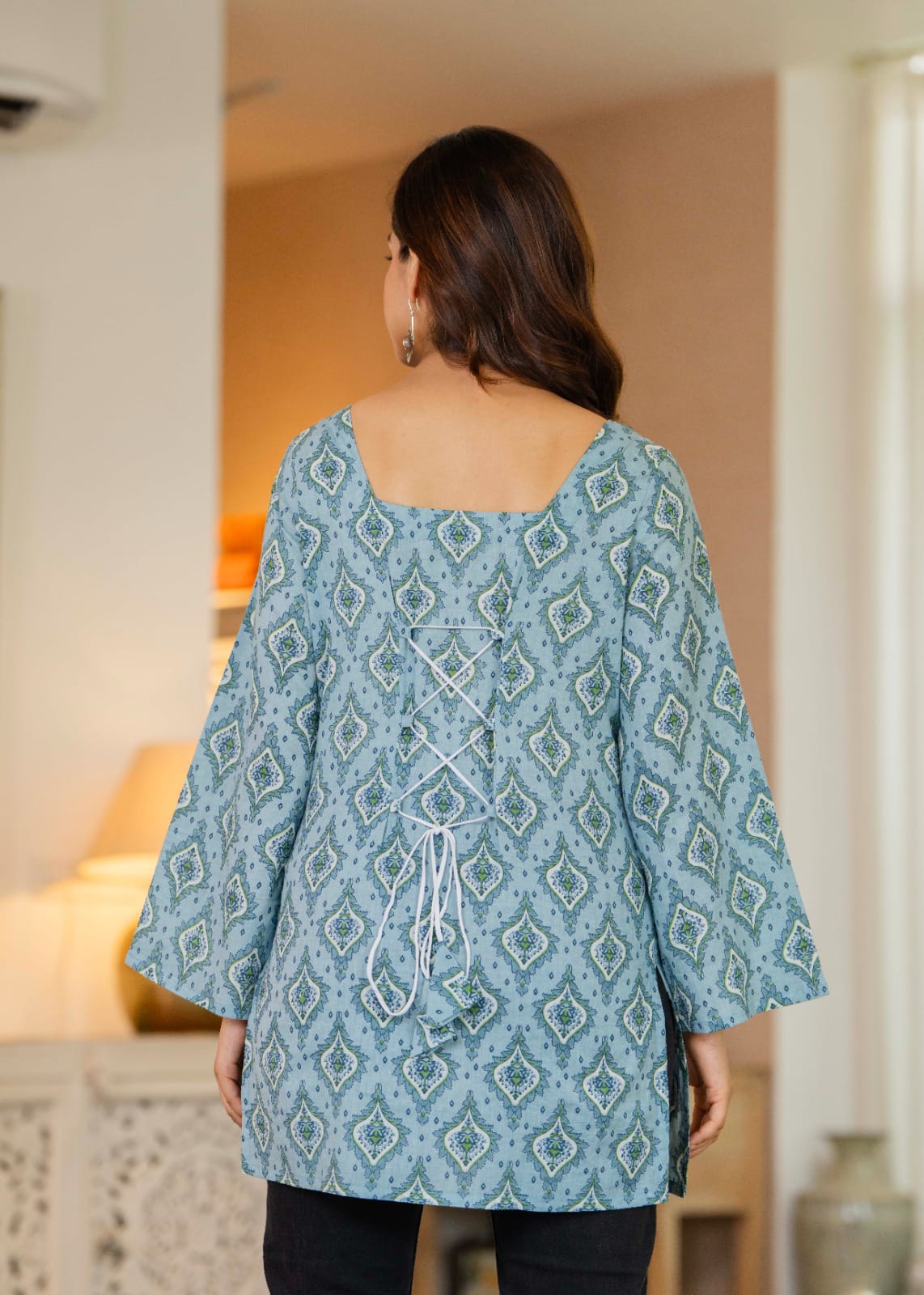 Dusty Blue Printed Bell Sleeve Lace-up Back Top