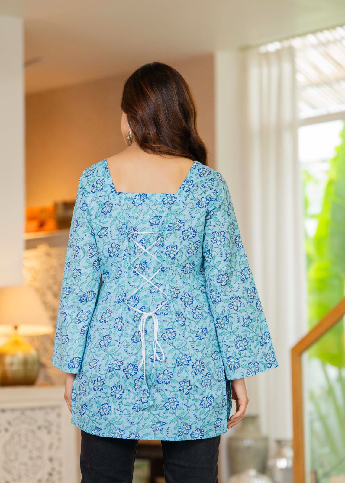 Sky Blue Printed Bell Sleeve Lace-up Back Top