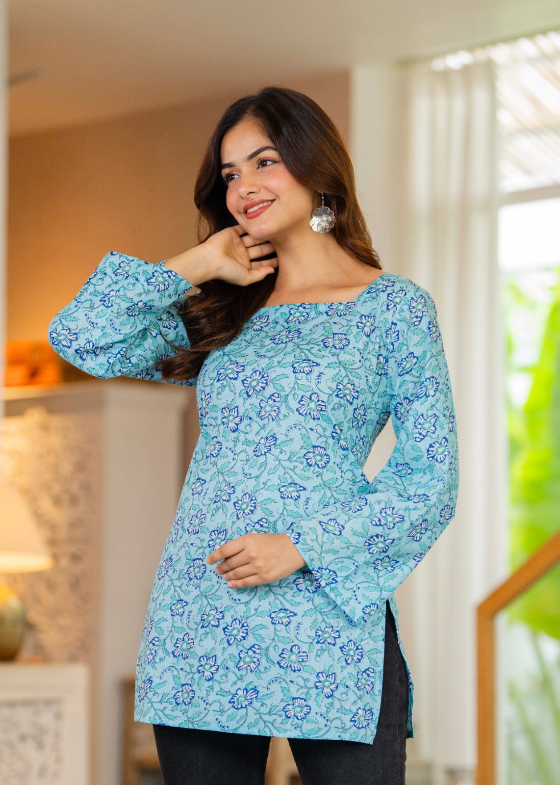 Sky Blue Printed Bell Sleeve Lace-up Back Top