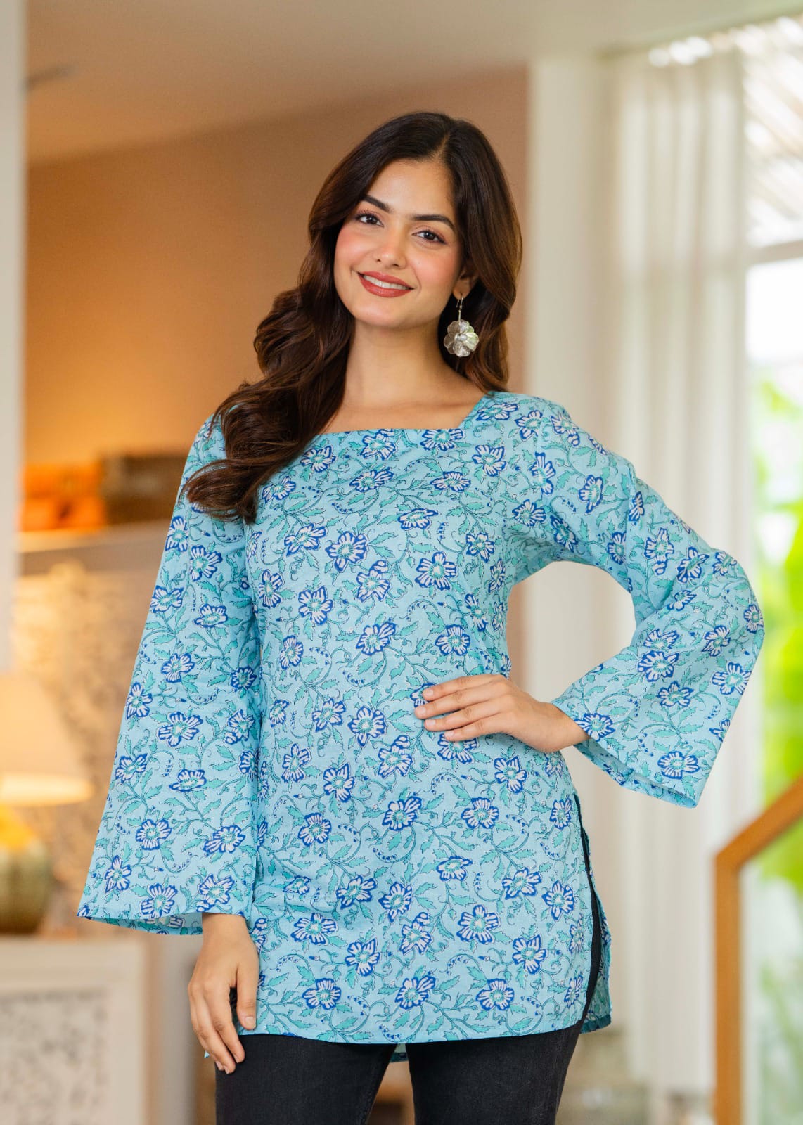 Sky Blue Printed Bell Sleeve Lace-up Back Top