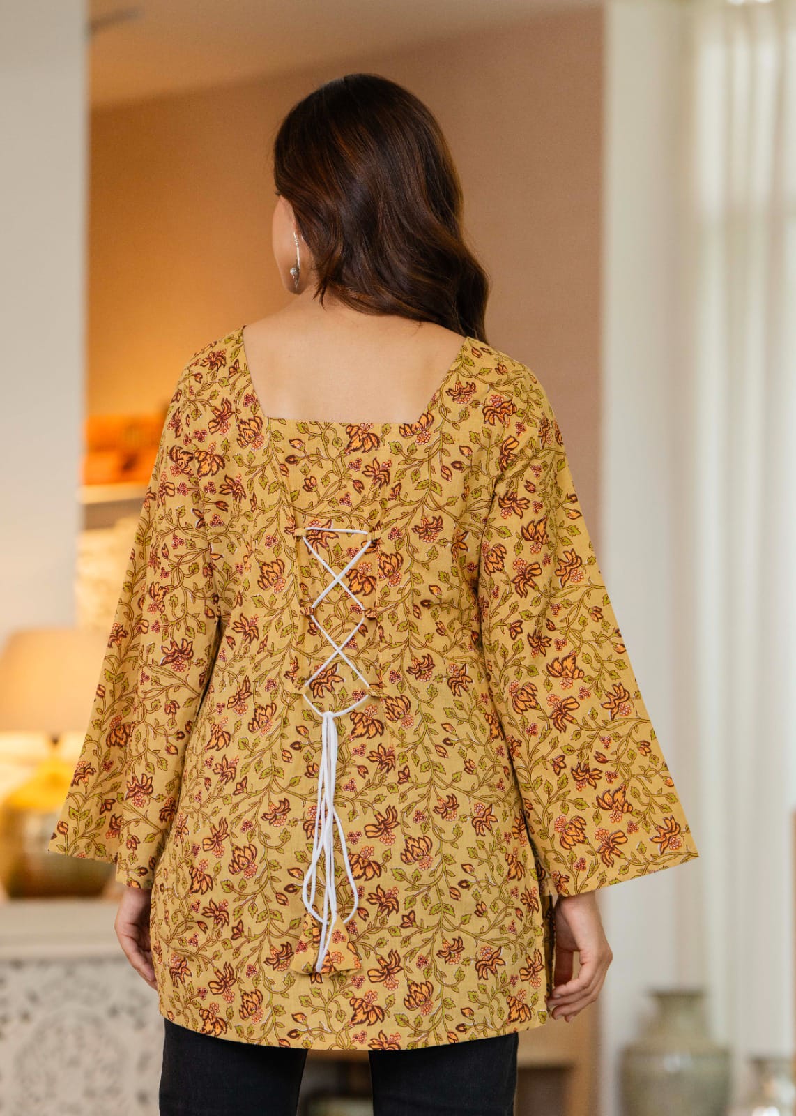 Mustard Yellow Printed Bell Sleeve Lace-up Back Top