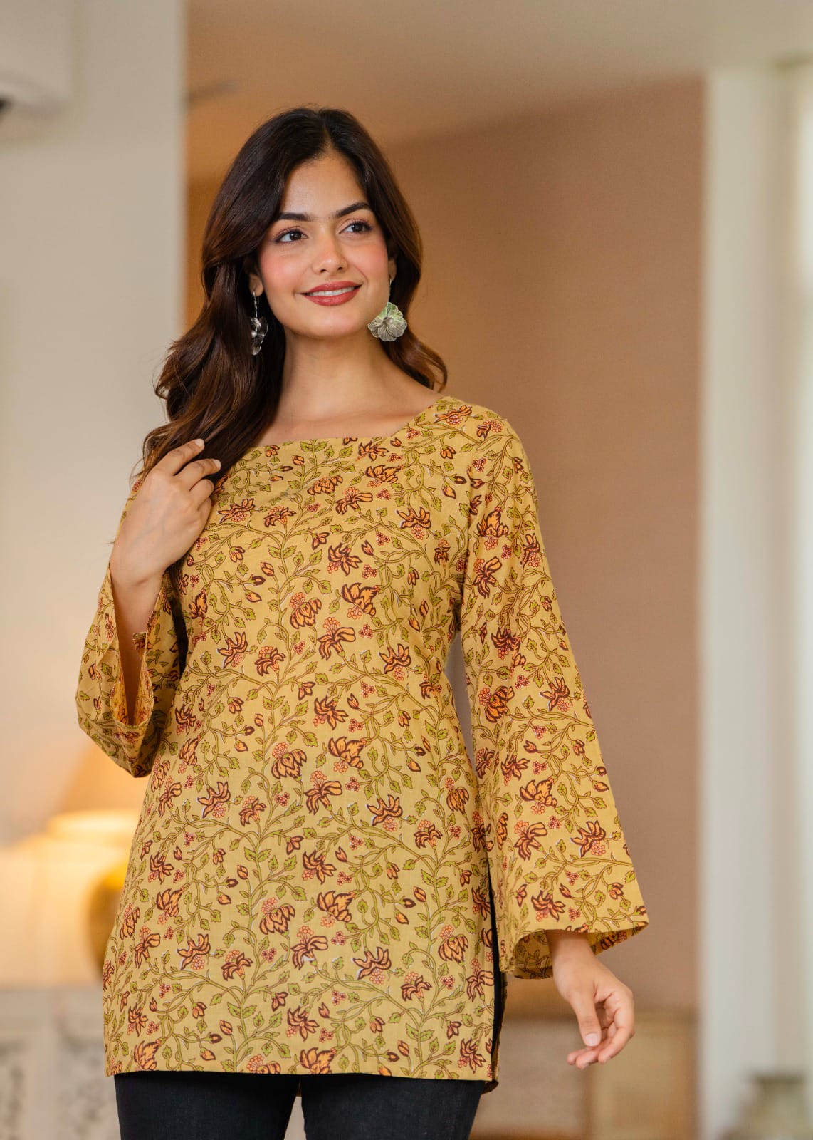 Mustard Yellow Printed Bell Sleeve Lace-up Back Top