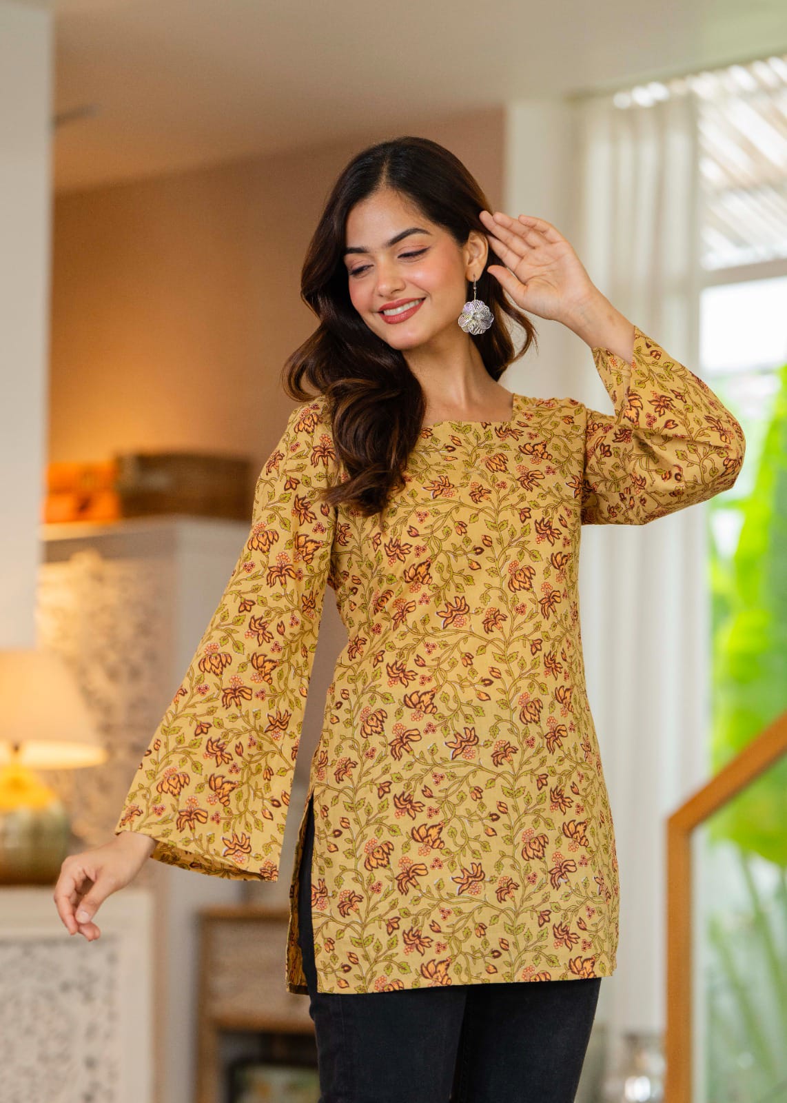 Mustard Yellow Printed Bell Sleeve Lace-up Back Top