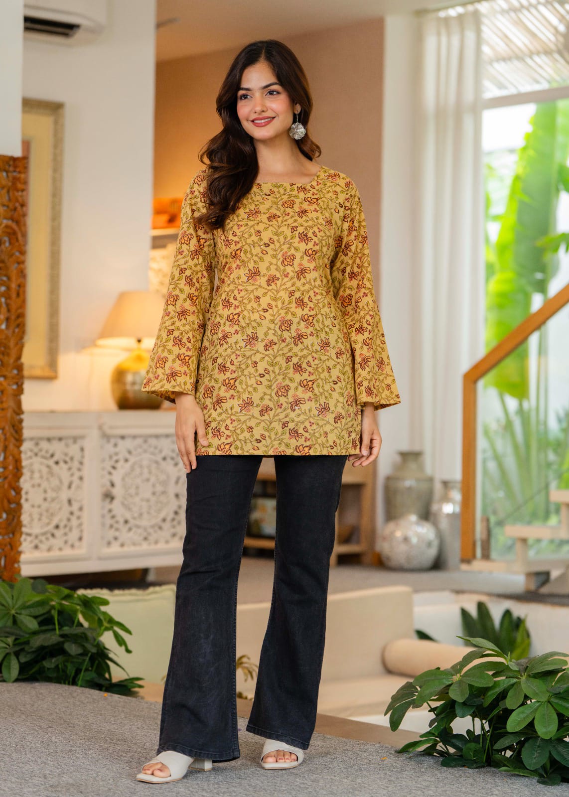 Mustard Yellow Printed Bell Sleeve Lace-up Back Top