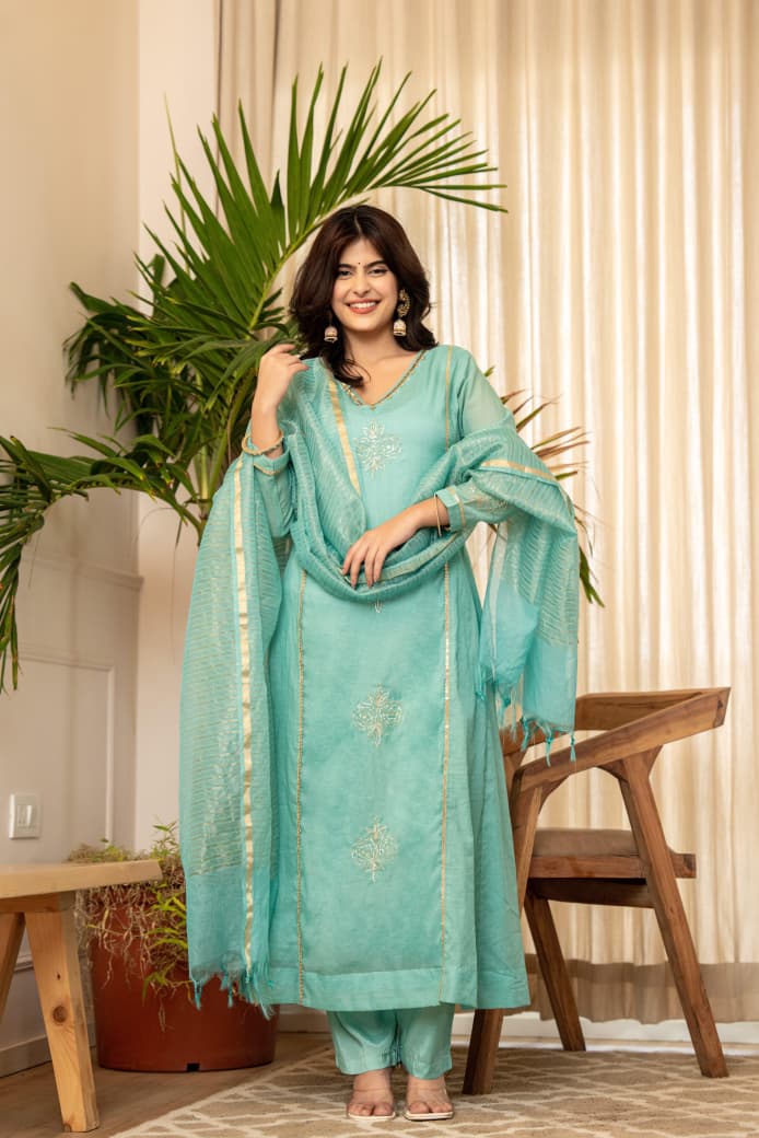 Aqua Green Lavender Mul Chanderi Embroidered Suit Set
