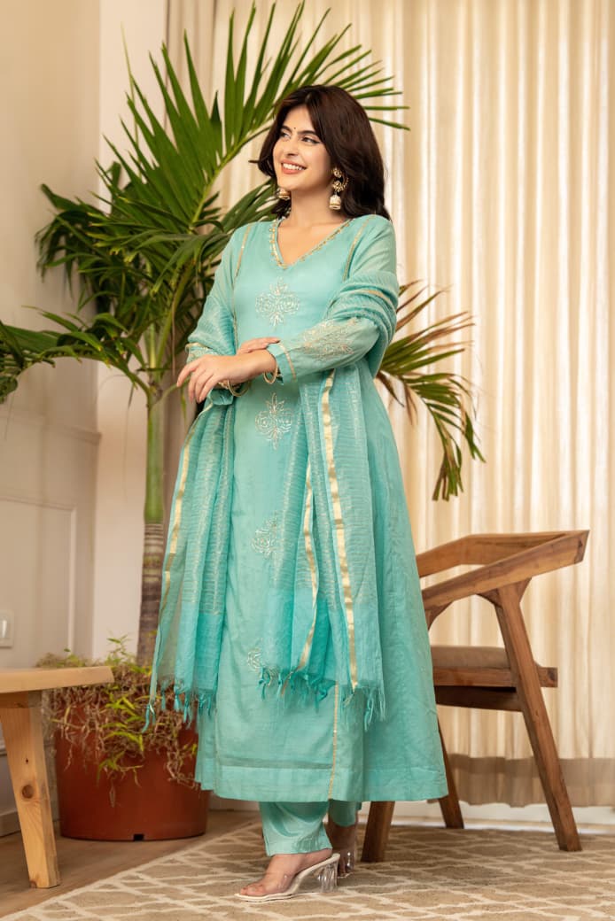 Aqua Green Lavender Mul Chanderi Embroidered Suit Set