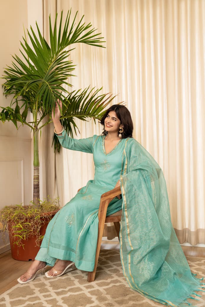 Aqua Green Lavender Mul Chanderi Embroidered Suit Set