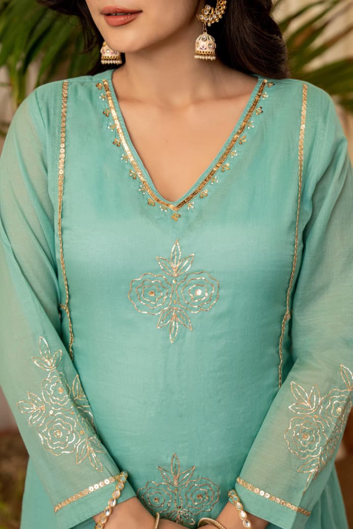 Aqua Green Lavender Mul Chanderi Embroidered Suit Set
