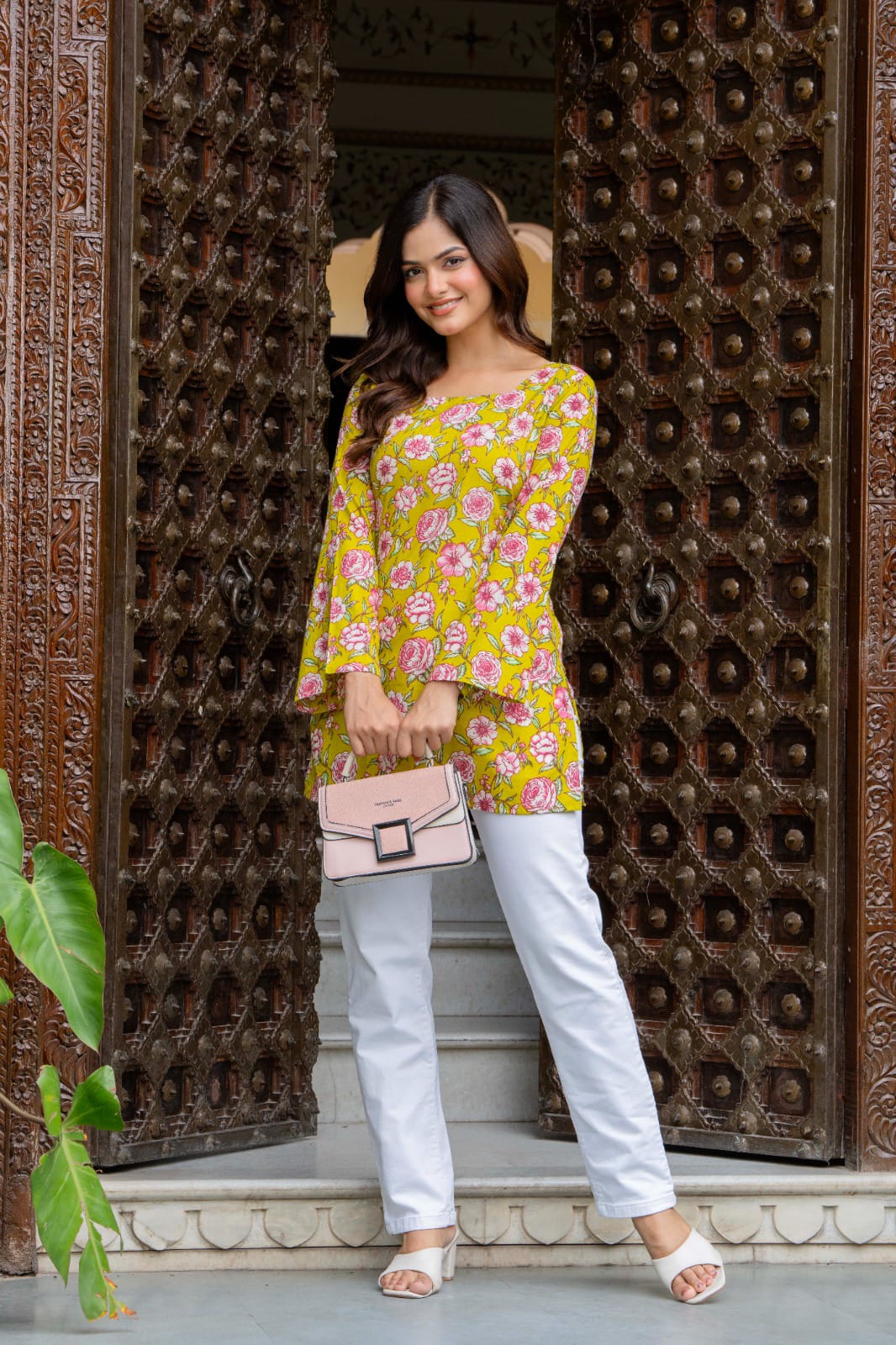 Sunflower Yellow Printed Bell Sleeve Lace-up Back Top