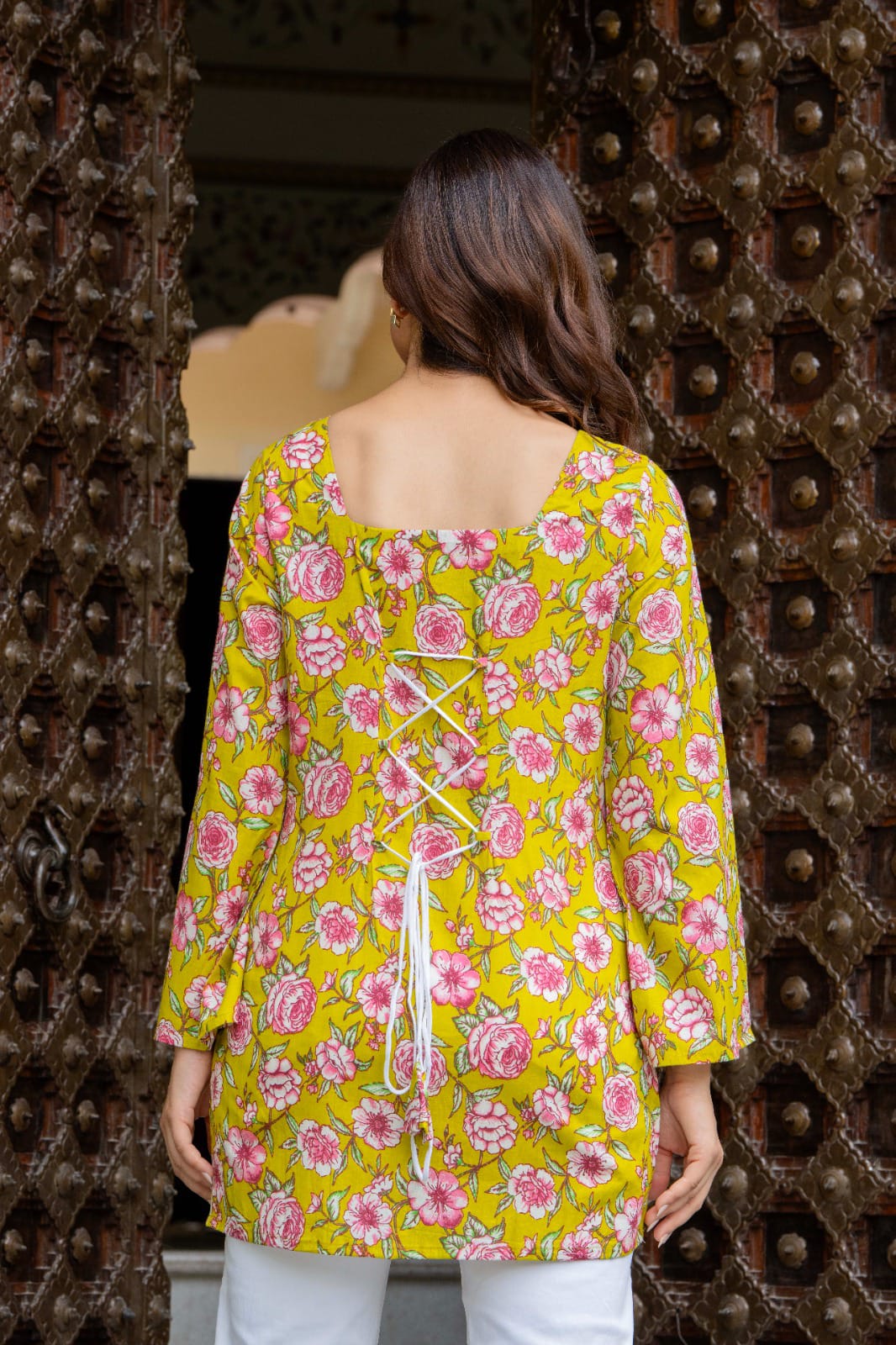 Sunflower Yellow Printed Bell Sleeve Lace-up Back Top