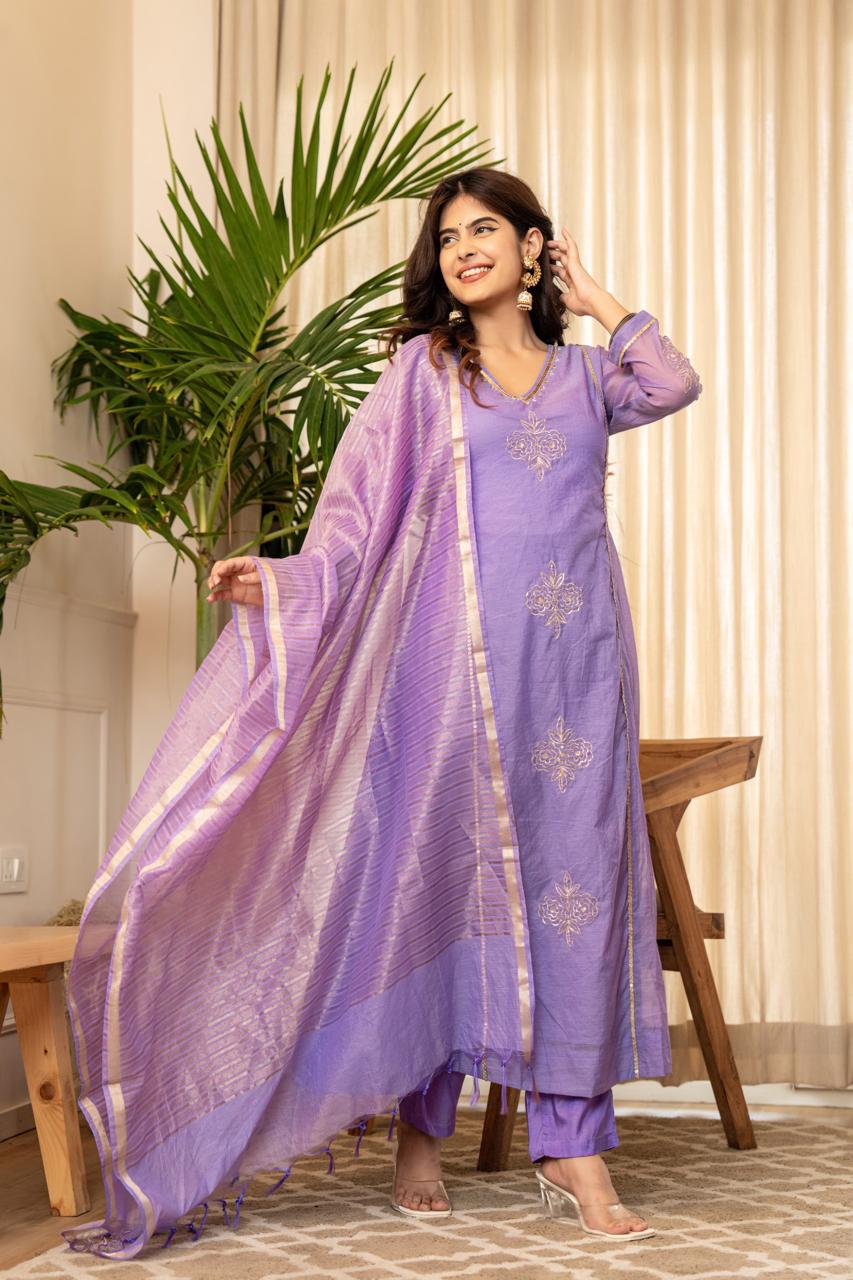 Lavender Mul Chanderi Embroidered Suit Set