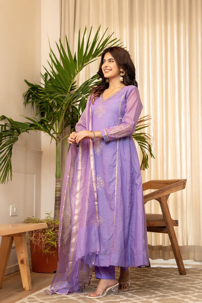 Lavender Mul Chanderi Embroidered Suit Set