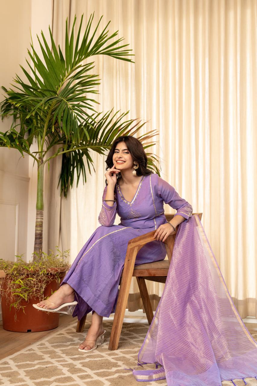 Lavender Mul Chanderi Embroidered Suit Set