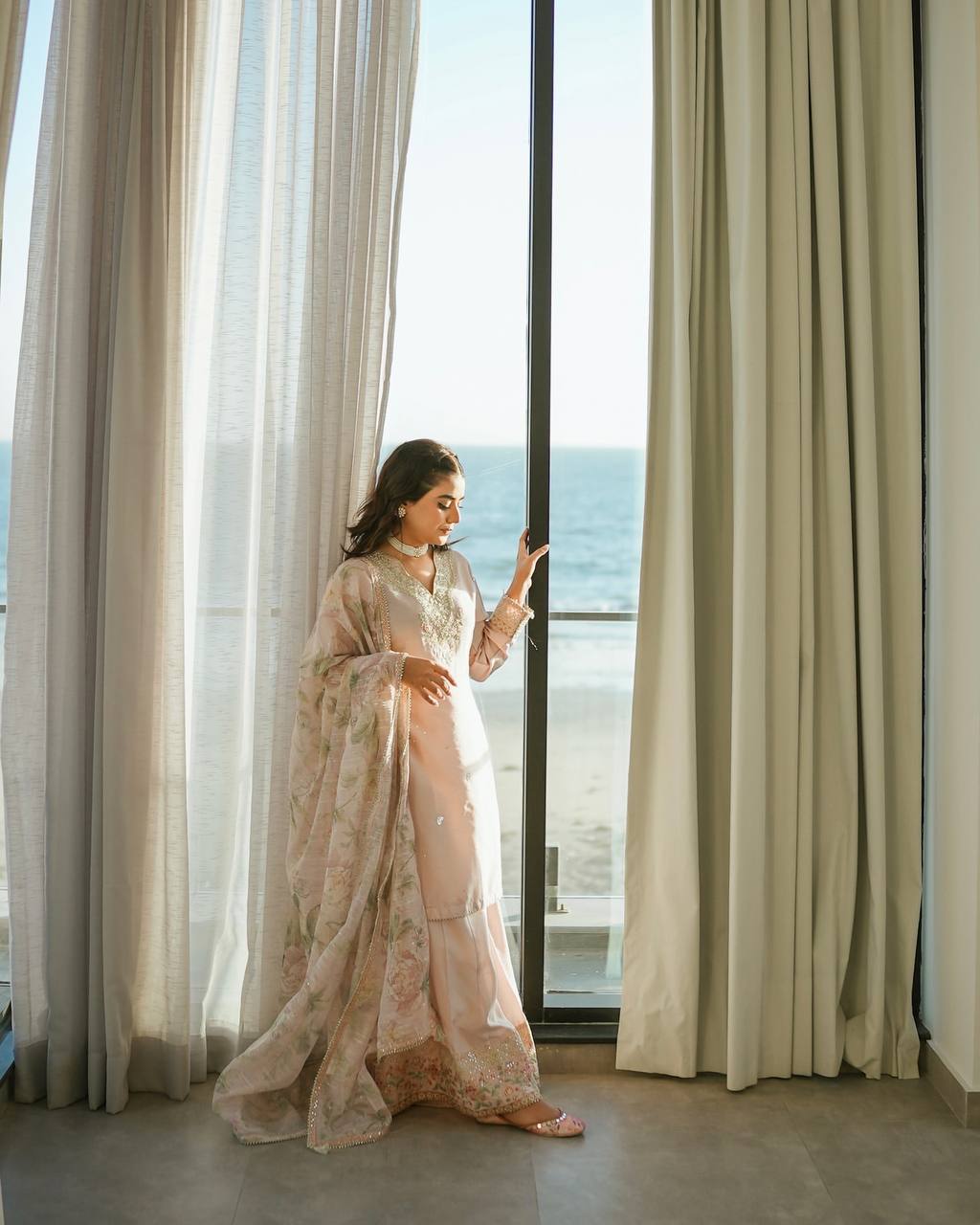 Blush Elegance Designer Crepe Palazzo Set