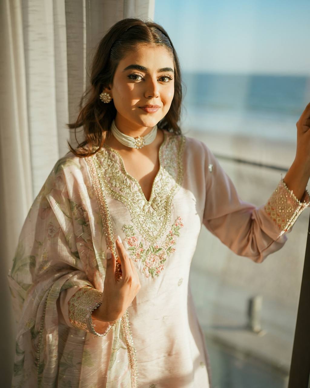 Blush Elegance Designer Crepe Palazzo Set