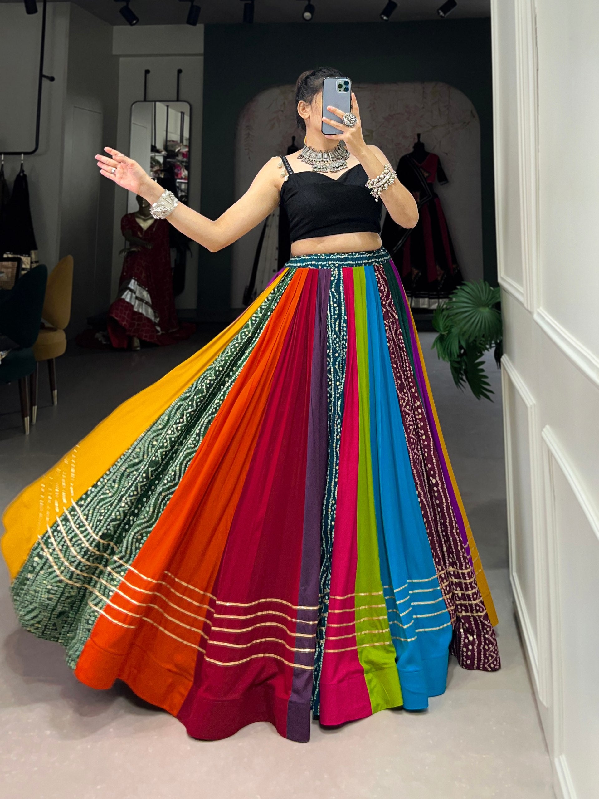 RAINBOW COLOUR NAVRATRI LEHENGA WITH BANDHANI PRINT BLOUSE