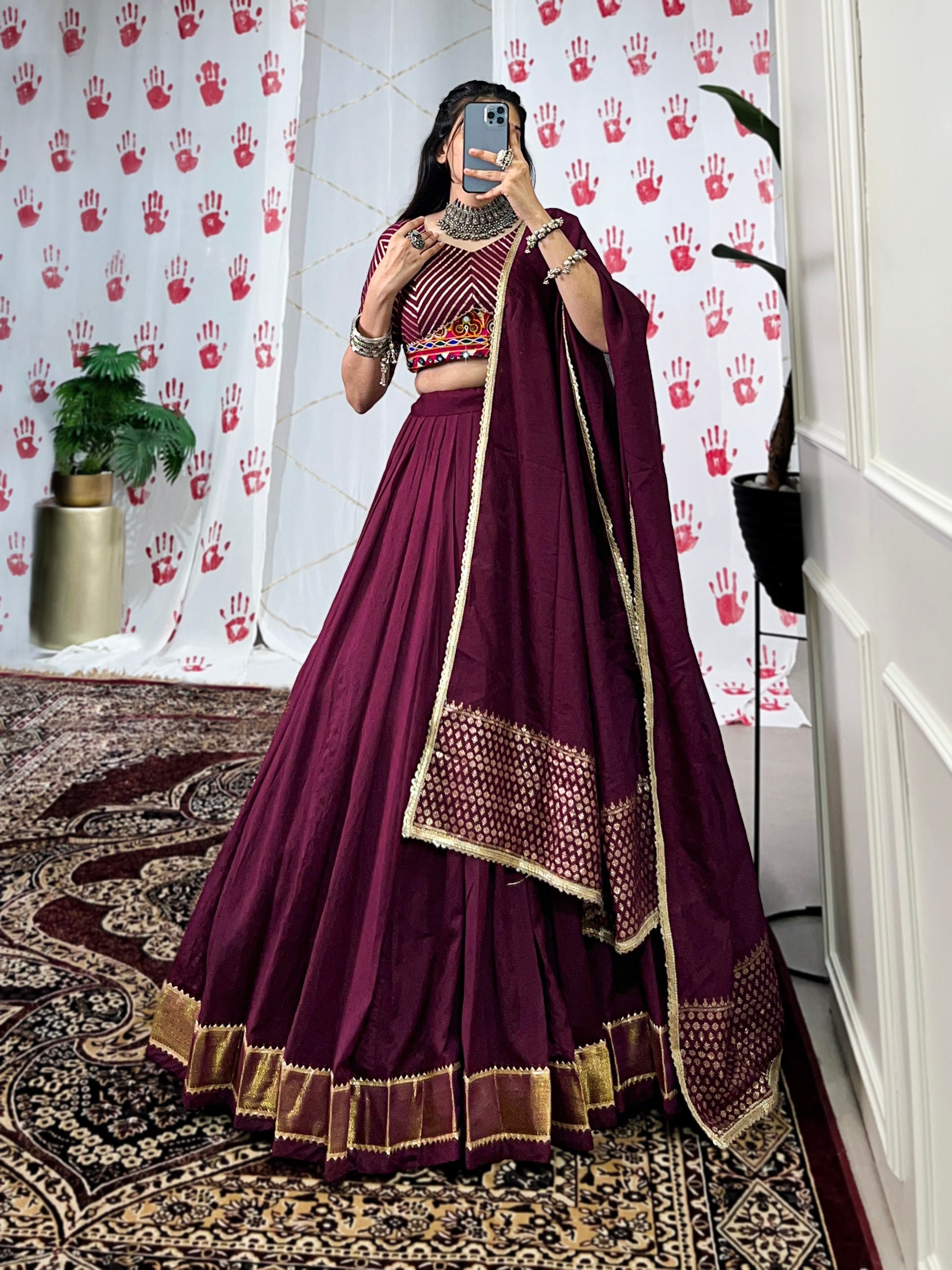 PURE CHANDERI FABRIC NAVRATRI LEHENGA WITH GAMTHI WORK BLOUSE