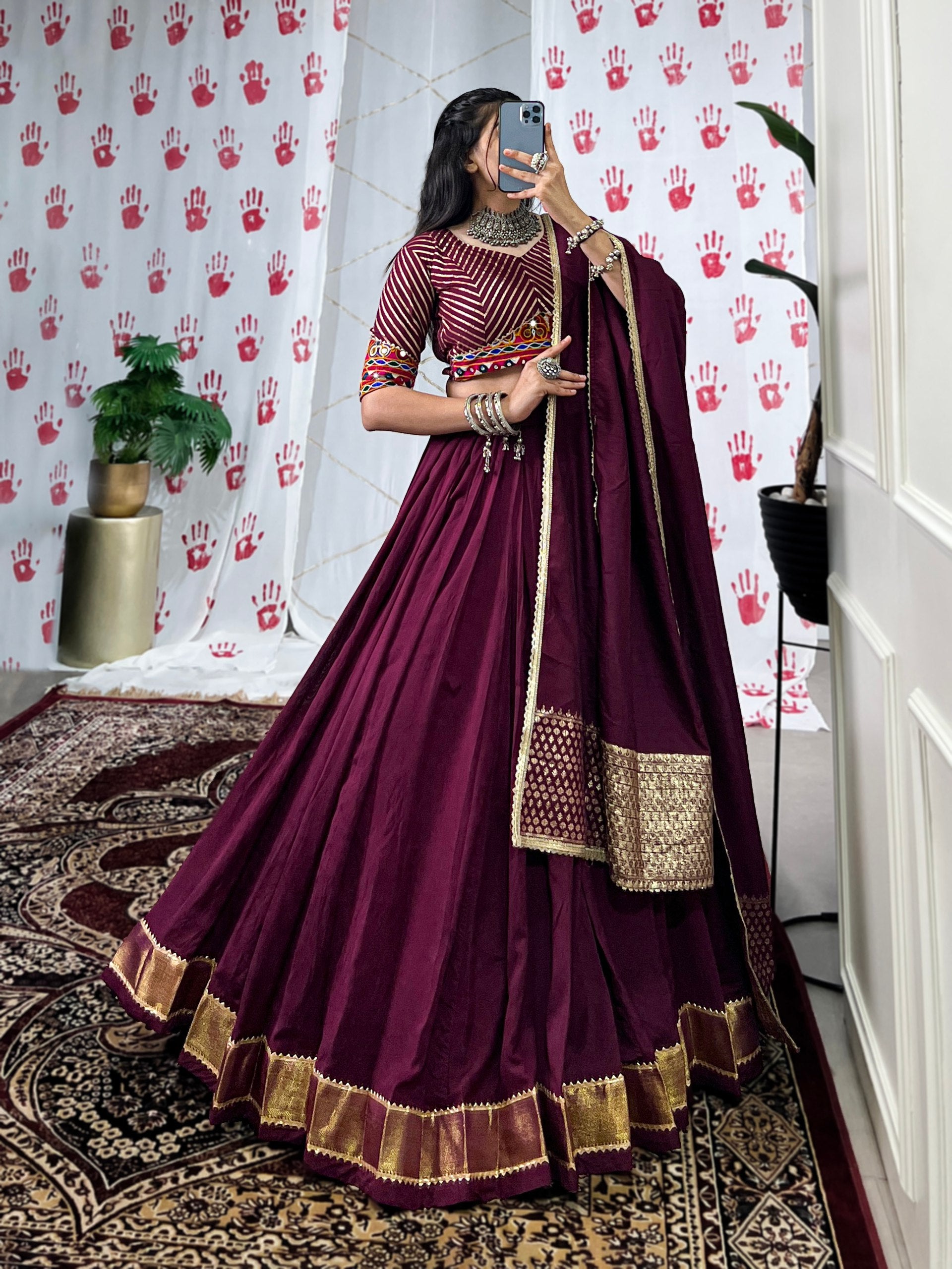 PURE CHANDERI FABRIC NAVRATRI LEHENGA WITH GAMTHI WORK BLOUSE