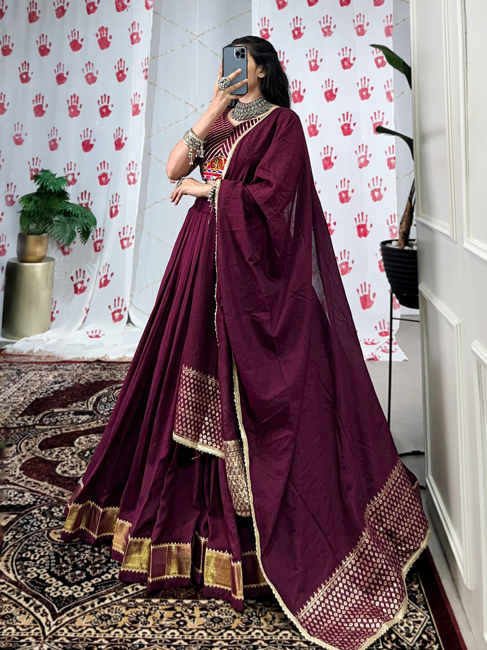 PURE CHANDERI FABRIC NAVRATRI LEHENGA WITH GAMTHI WORK BLOUSE